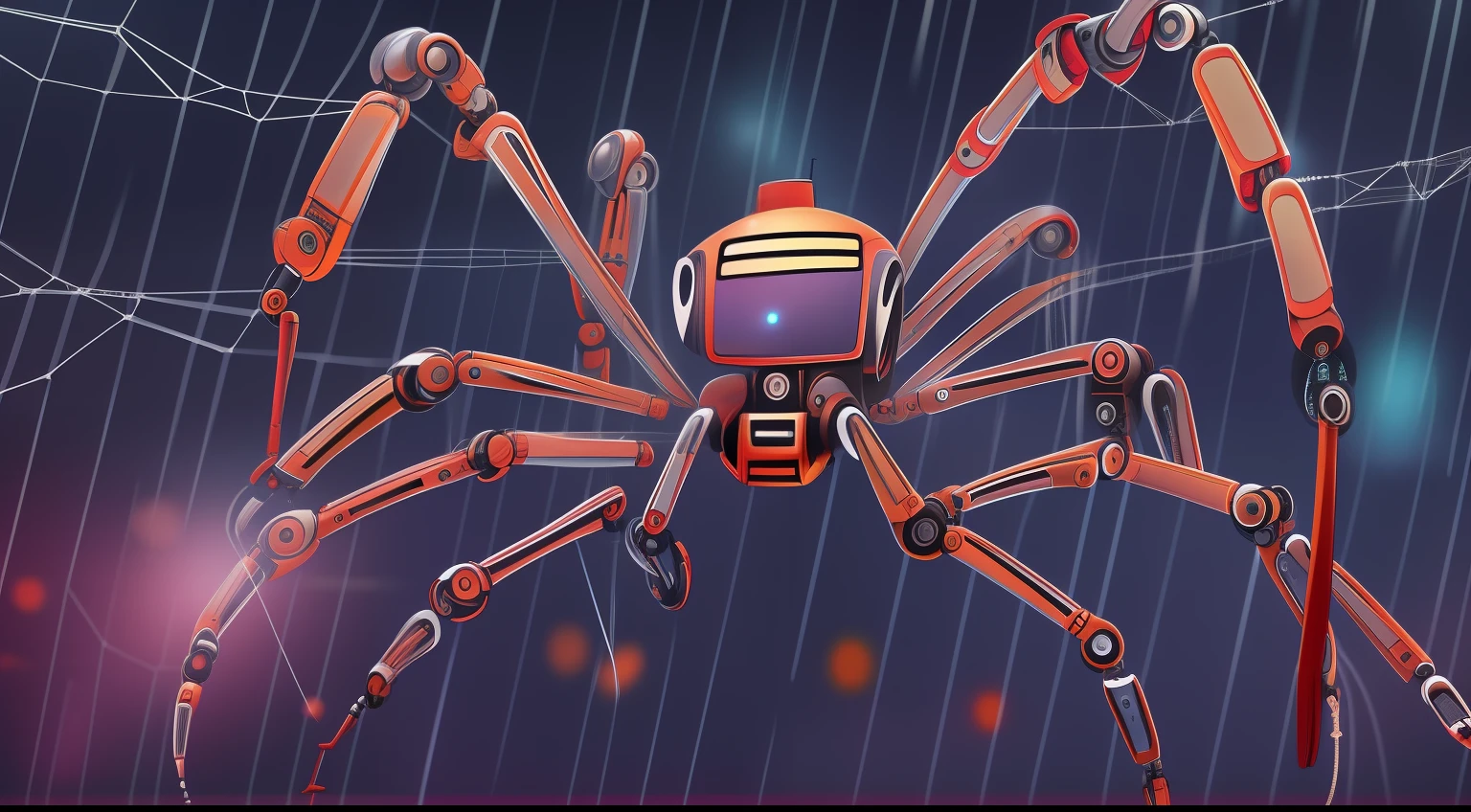 create a robot spider, whip spider, long limbs, a background of dark rocks, neon lights, high resolution, high details, (best-quality:0.8), (best-quality:0.8), perfect anime illustration of a Kawaii Messy "The Sound of Hell", Raining, deep focus, Ultra Detailed, natural lighting, 64K, perspective