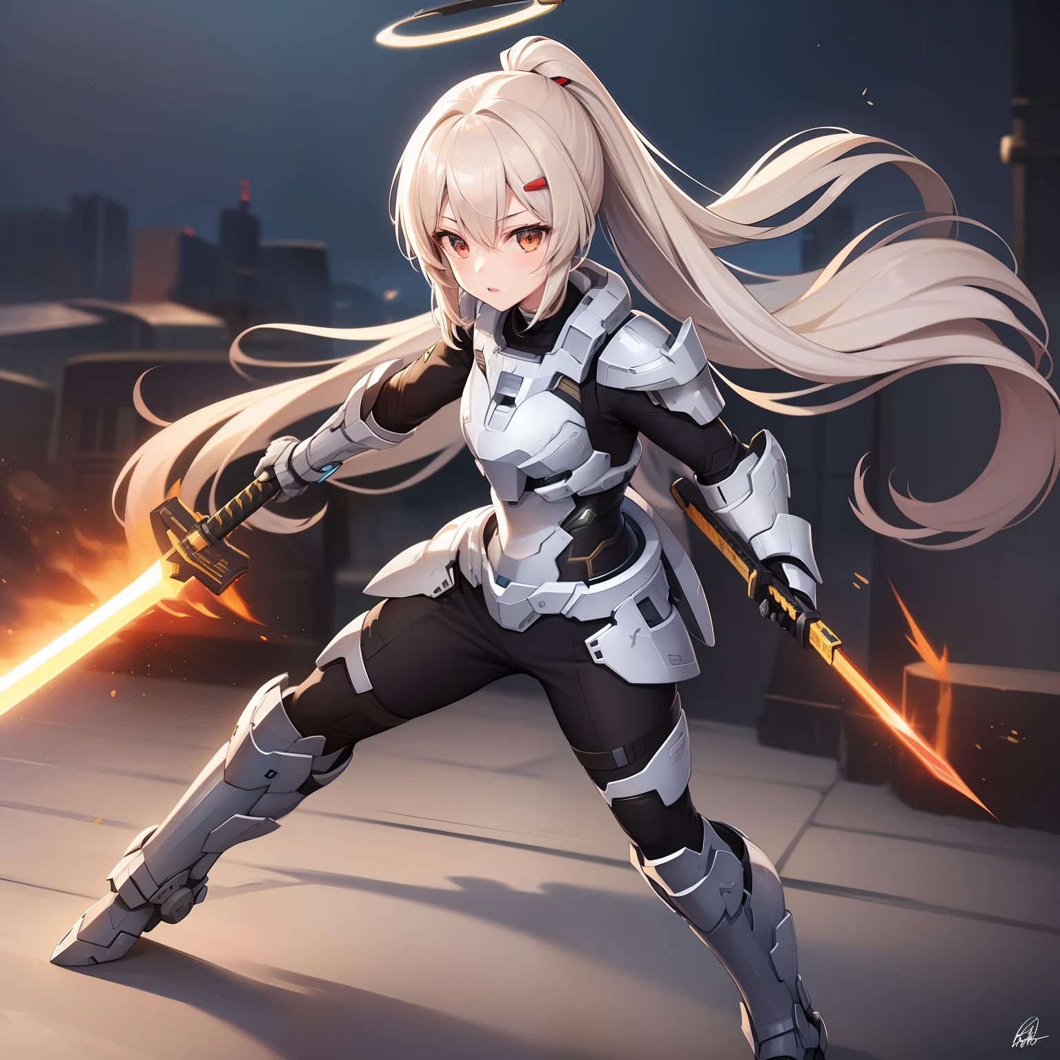 1 girl, solo, Ayanami from Azur Lane, fighting stance, katana in hand, massive great laser sword, swinging sword, highly detailed katana, (masterpiece), (best quality), detailed eyes, beautiful hands, straight hands, shiny hair, light blonde hair, hair in a single extremely long pony tail, straight hair, reddish orange eyes, full body, small breasts, standing, blue sky, (((blue and silver spartan armor from halo))), standing, (highly detailed rifle),