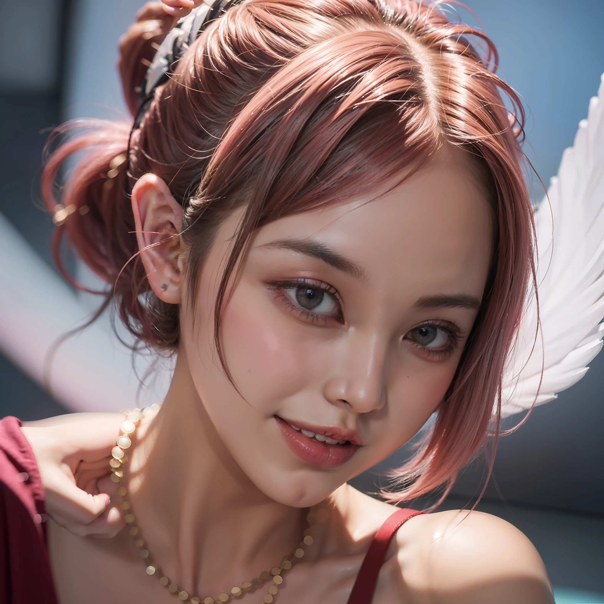 hair bobbles, long eyelasher, solid circle eyes, Light smile, Naughty face, short ponytail hair, Pink hair, crossed bangs, surrealism, shadowing, anaglyph, angle of view, Cinematic lighting, in a panoramic view, Sony FE GM, Super detail, ccurate, Best quality, 16k