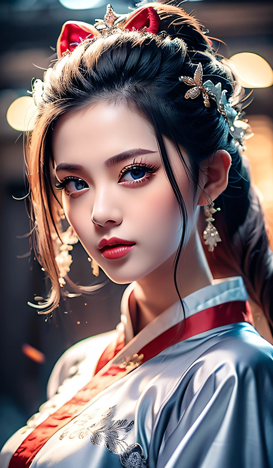 top-quality、​masterpiece、hight resolution、Wuxi 1girl、Silver Cheongsam、((Super beautiful face))、Super beautiful eyes、Super beautiful hair、cleavage of the breast、exposed breast、Sexy cleavage、very highly detailed breasts、