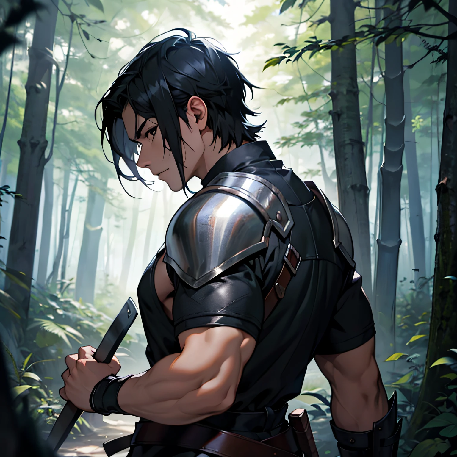 Black hair, Turn Back, short detailed hair, male people, back, hyper HD, ln the forest, A machete in hand, Leather armor, Anime, Depth of field