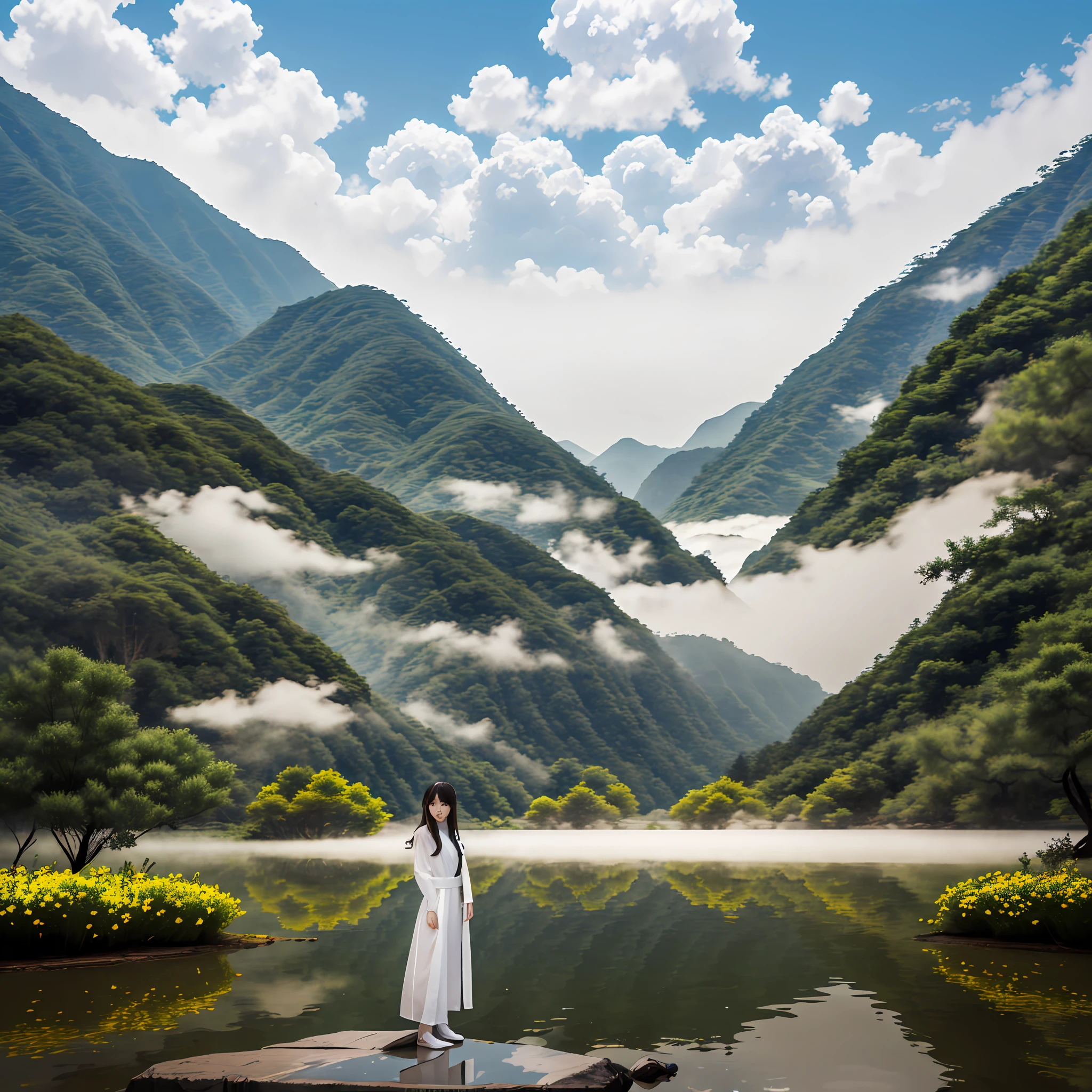 Beautiful and ethereal lora beauty dressed in flowing white Chinese robes。The image captures Lora beauty standing gracefully on the water,It is surrounded by white clouds and mist,Adds an otherworldly touch to the scene。Lora's beauty's long white hair and robe were blown up by the wind,It adds movement and fluidity to the picture。Use Midjourney's advanced brush tools to create complex folds and textures on the robes and hair of lora beauty,And experiment with different color palettes and brushstrokes to bring out the ethereal quality of the scene。The image of Lora's beauty is sometimes obscured by the surrounding mist,It also adds to the beauty of Lora's beauty,Make the scene full of mystery and fascination。Leverage Midjourney's powerful tools,You can bring this captivating and ethereal scene to life with incredible detail and beauty。 hdr,(真实感,Masterpiece quality,best qualtiy),,pureerosface_v1,ulzzang-6500-v1.1