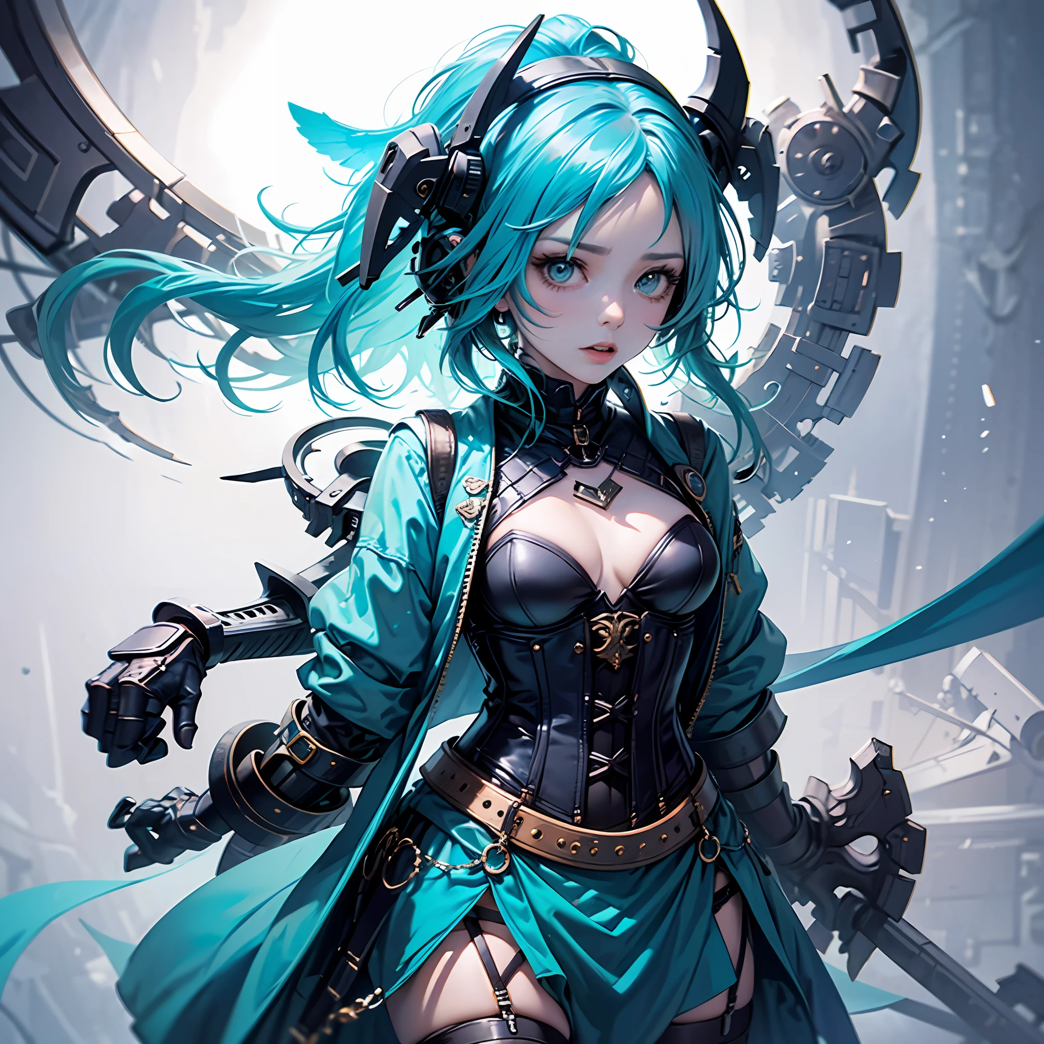 Woman in blue dress and blue tie, blue undergarments, cyan corset, costume with blue accents, upper torso included, Open V chest clothes, upper body avatar, hands behind her body pose!, short torso, mid body portrait, blue corset, wide torso, clear outfit design, inverted triangle body type --auto