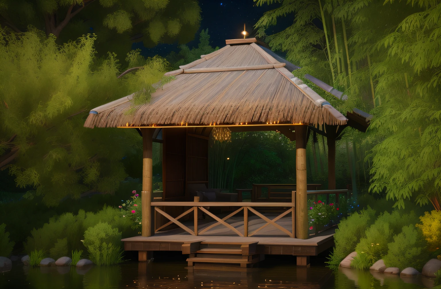 There is a small bamboo house by the water, build in a forest near of a lake,bamboo huts, The pavilion exudes night light，There is a beam of light at the top，The trees are illuminated by light and shadow，nighttime foreground, night time render, beautifully lit landscape, scenic view at night, nighttime nature landscape, photorealistic landscapes, Rendered in Lumion Pro, high res eautiful lighting, beautiful landscape rendering, cinematic outdoor lighting, paisible night lighting, Subtle and eye-catching lighting