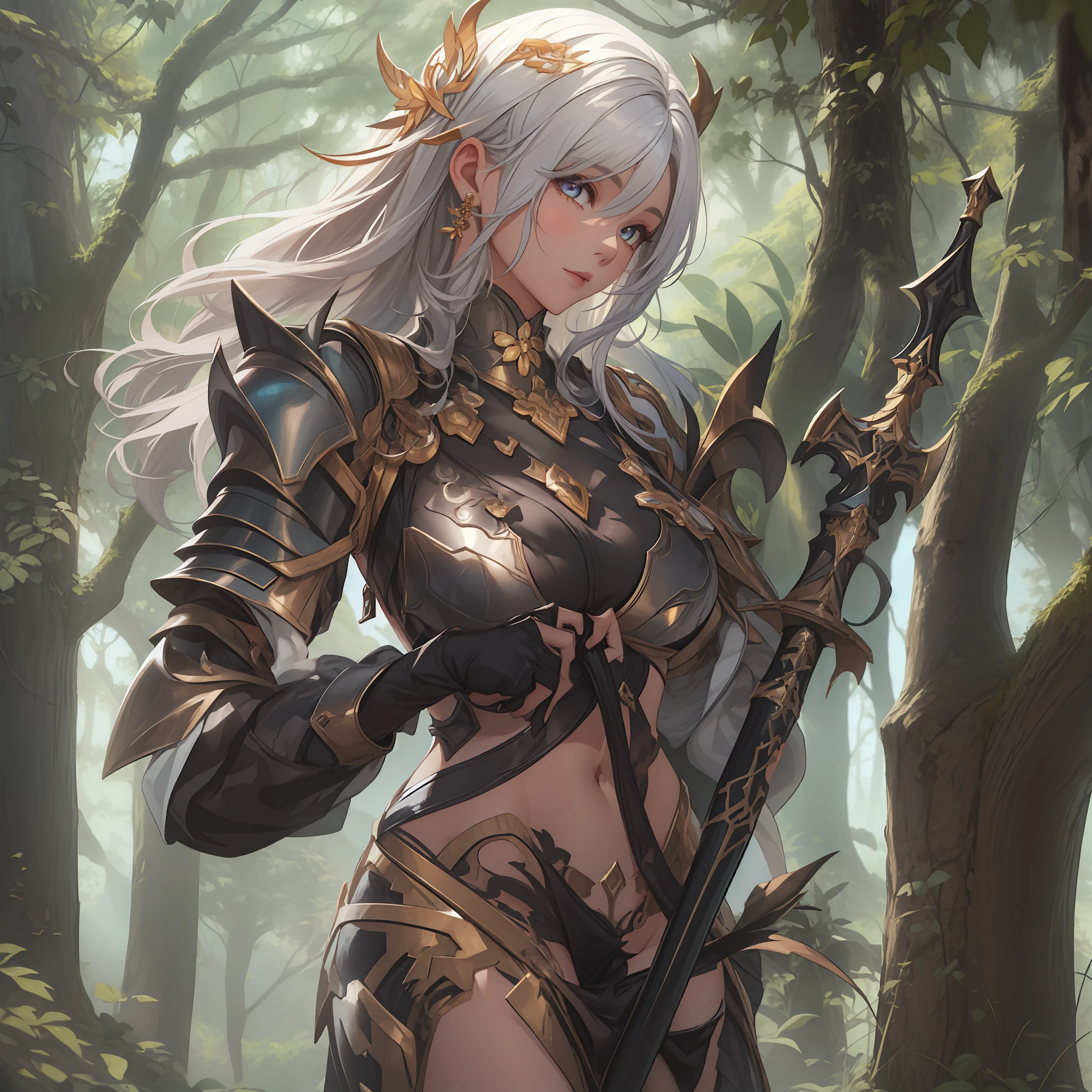 (masterpiece: 1.2), (best quality: 1.2), (highly detailed: 1.3), (intricate detail), highres, best illustration, perfect lighting, forest, warrior monsters, wind breeze, full body, full body shot, perfect face detail, detailed eyes, detailed background, photorealistic, (sharp focus: 1.2), ((looking at camera: 1.2)), solo, 1girl, perfect human anatomy, perfect legs, perfect arms, perfect face, ((realistic hands: 1.3)) long platinum hair, hair braid, women's clothing, sexy armor, little armor, leather skirt, feel alloy, black gloves with gold accents, flashy neckline, seductive appearance, sexy body lines, human hands, attractive female body, (sexy and elegant armor: 1.2), women's boot, hard , woman with closed mouth, green iris, looking at viewer, perfect lighting, epic realism