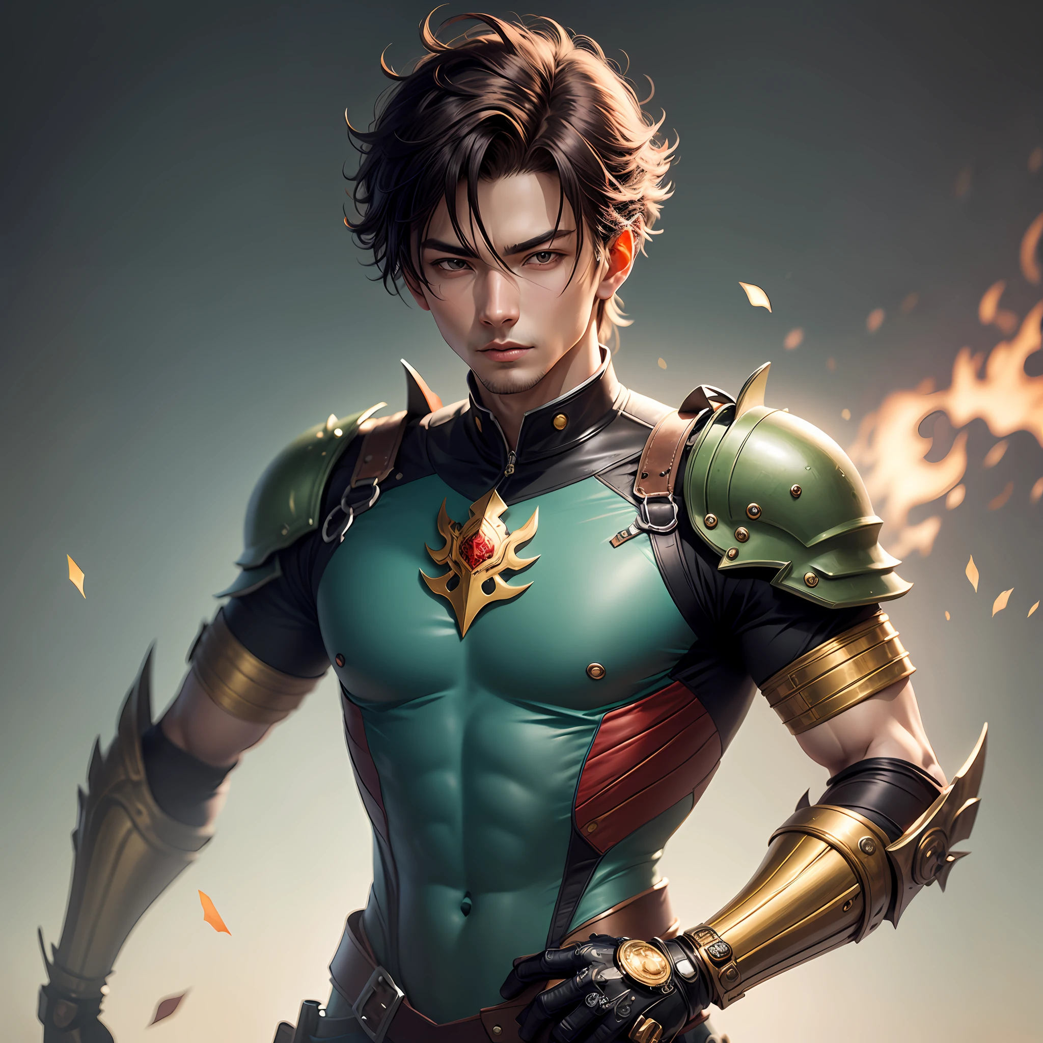 Um jovem garoto, parecido com o personagem Issei Hyoudou, com cabelos castanhos, olhos verde brilhante, pele clara, usando um uniforme num estilo militar na cor vermelha e com detalhes dourados, with a mechanical arm, similar to the arm of the red dragon with golden details --auto