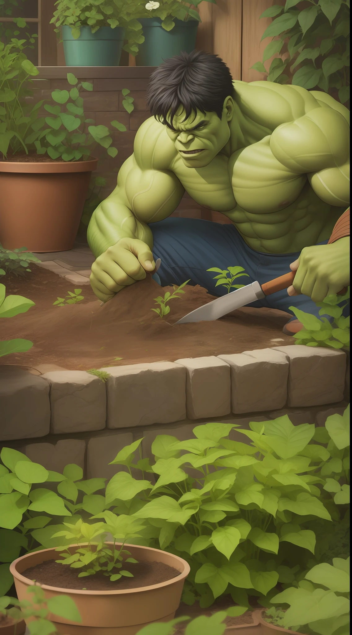Subject: A striking and photorealistic portrayal of Hulk engaged in gardening, showcasing the contrast between his massive strength and the delicate task of nurturing plants.
Type of Image: Digital Illustration
Art Styles: Realism, Everyday Life, Gardening
Art Inspirations: ArtStation, DeviantArt, Marvel Comics, Garden Scenes
Camera: Professional DSLR camera with high-resolution capabilities
Shot: Close-up shot
Render Related Information: Capturing the details of Hulk's gardening tools and plants with realistic precision, utilizing natural lighting to create a serene and tranquil atmosphere, and highlighting the tender and gentle side of Hulk as he cares for the plants.

Camera Lens: Macro Lens