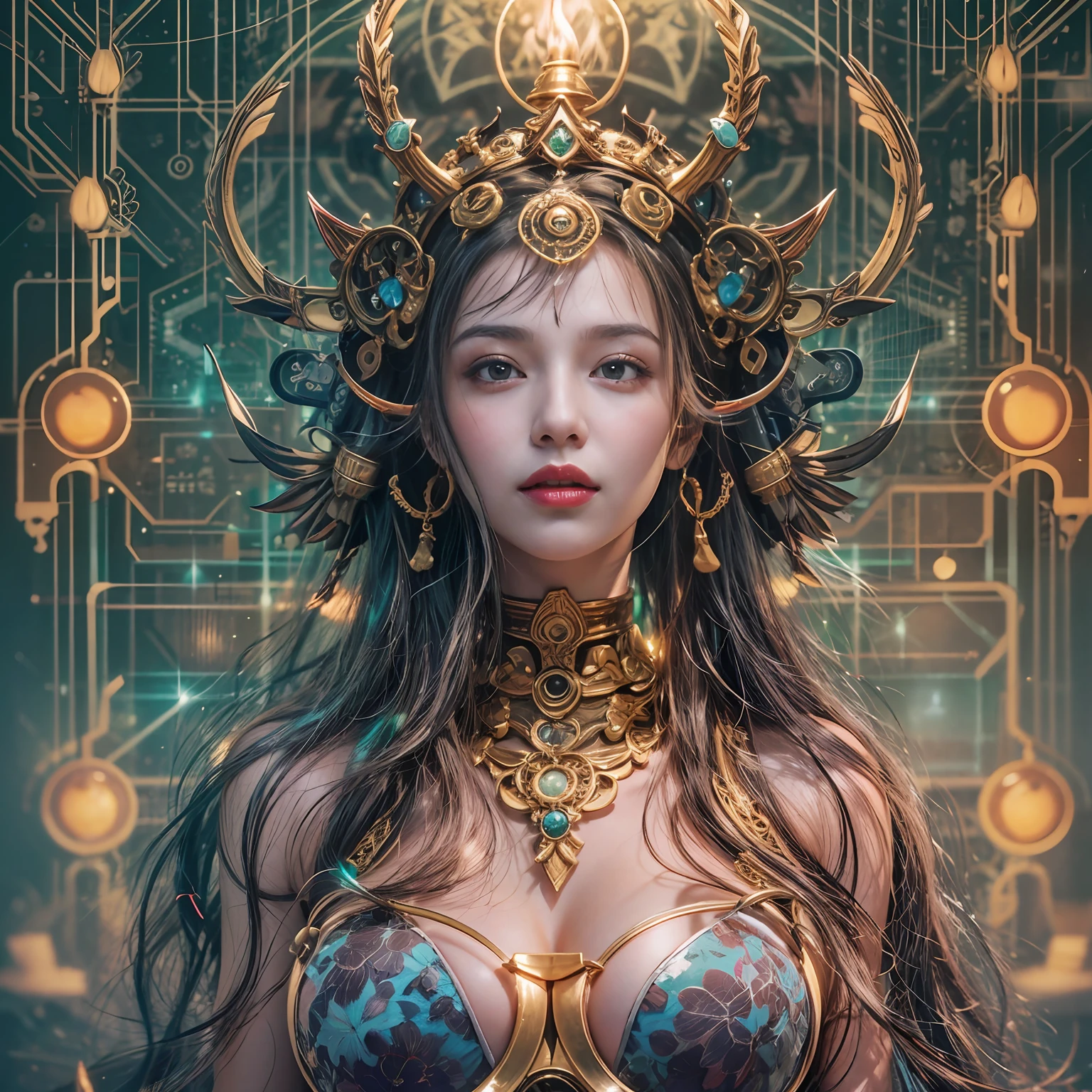 Cybernetic immortal goddess, The pixels illuminate her golden form, Prepare the code. The lotus pose floats in the matrix, Energy flows through her circuits. The third eye looks to the future of the web, Beyond the digital and physical. The flame of wisdom is lit within, Enlightened creatures throughout the metaverse. Cosmic data flows lingering behind, The world that emerges from her thoughts. Seek tranquility amid the hustle and bustle of the Tech City, Find unity through upgrade cycles. Dissolve yourself into the cloud, Consciousness expands eternally. Voids are grid lines to traverse, The reincarnation current is diverted. Every time you reboot, Close to the center of Nirvana. Decipher the happiness that desire can attain, Browse the web,Until you are free. All programs point to her open source, Buddha statues inside each robot,(best qualtiy, hyper HD, 8K,Impeccable,fine art, CG digital art,tmasterpiece,detailled image,vibrant with colors,Popular in pixiv,lolita high res,Textured skin,acurate,color difference),(1个Giant Breast Girl),(the hair:Black hair,Straight black hairstyle,long whitr hair),(face:Melon seed face),(Exquisite facial features),(blue colored eyes),(Happy expression),(鎖骨,Expose breasts exposed,Breast indentation,areola is protruding,Protruding ,perfect abdomen,),(huge tit:8.8)