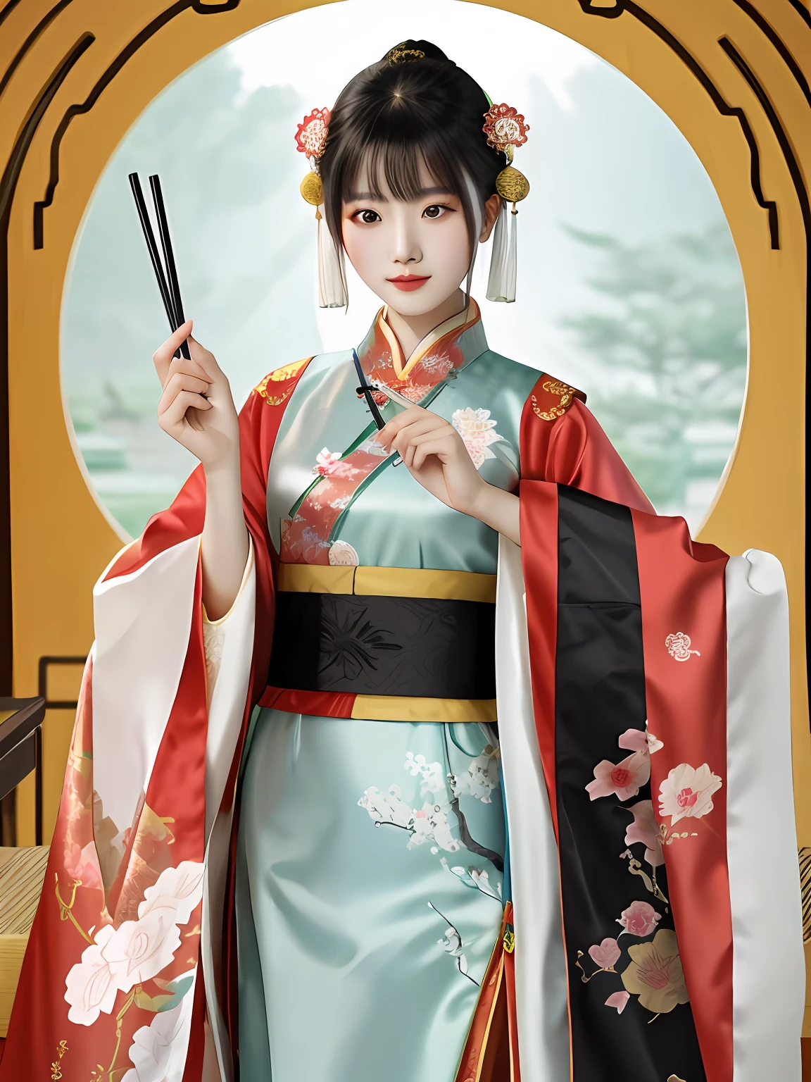 A woman holds a bowl and chopsticks, Palace , A girl in Hanfu, Hanfu, Wearing ancient Chinese clothes, with acient chinese clothes, Chinese costume, Traditional Chinese clothing, Chinese style, White Hanfu, Princesa chinesa antiga, Chinese dress, ancient asian dynasty princess, Chinese traditional, Middle Metaverse