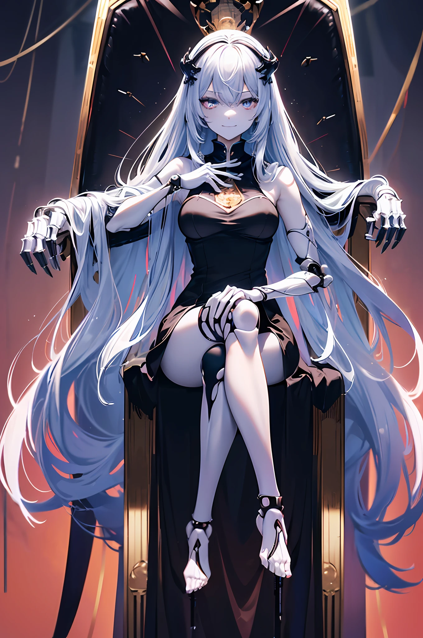 Best Quality, masuterpiece, Ultra-fine, very delicate 8k wallpaper, machine skin girl, black long hair, (beatiful detailed eyes), (Exposure of the body's internal machinery:1.3), (Mechanical joints, machanical limbs), (five fingers, 4fingers and 1thumb), sitting, crossed_legs, smirk, (throne), sexy long dress,