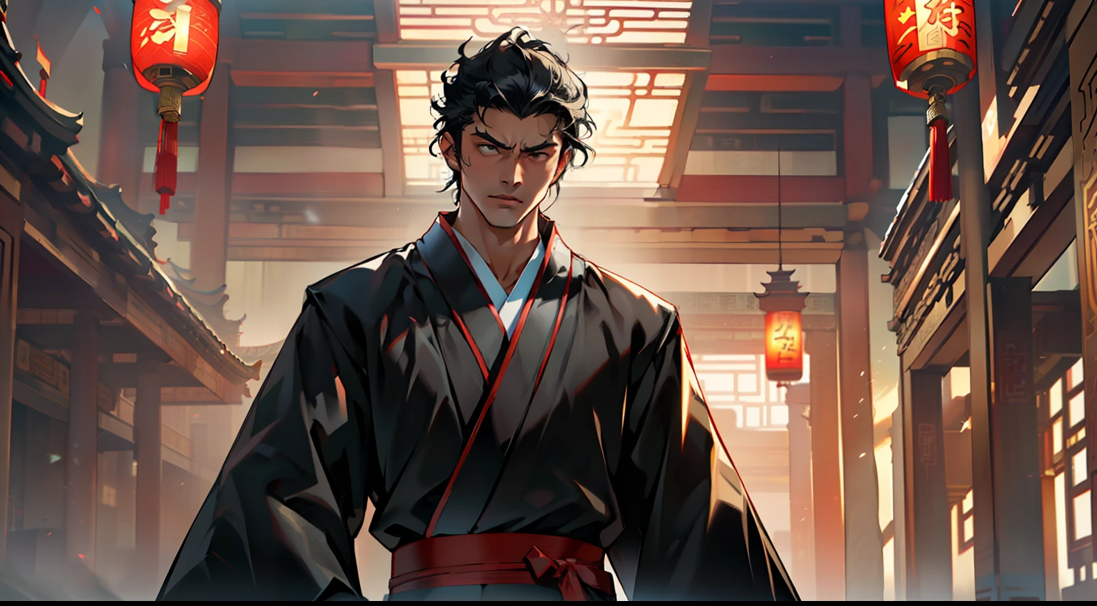 1, (1 person) (boy, (((Black coat))), ((Black Hanfu youth)), (((Black hair))), kingly air, gorgeous, handsome, outstanding temperament, his face changed suddenly, and he hurriedly defended himself) (Background: Inside the sacred and magnificent ancient Chinese imperial palace).