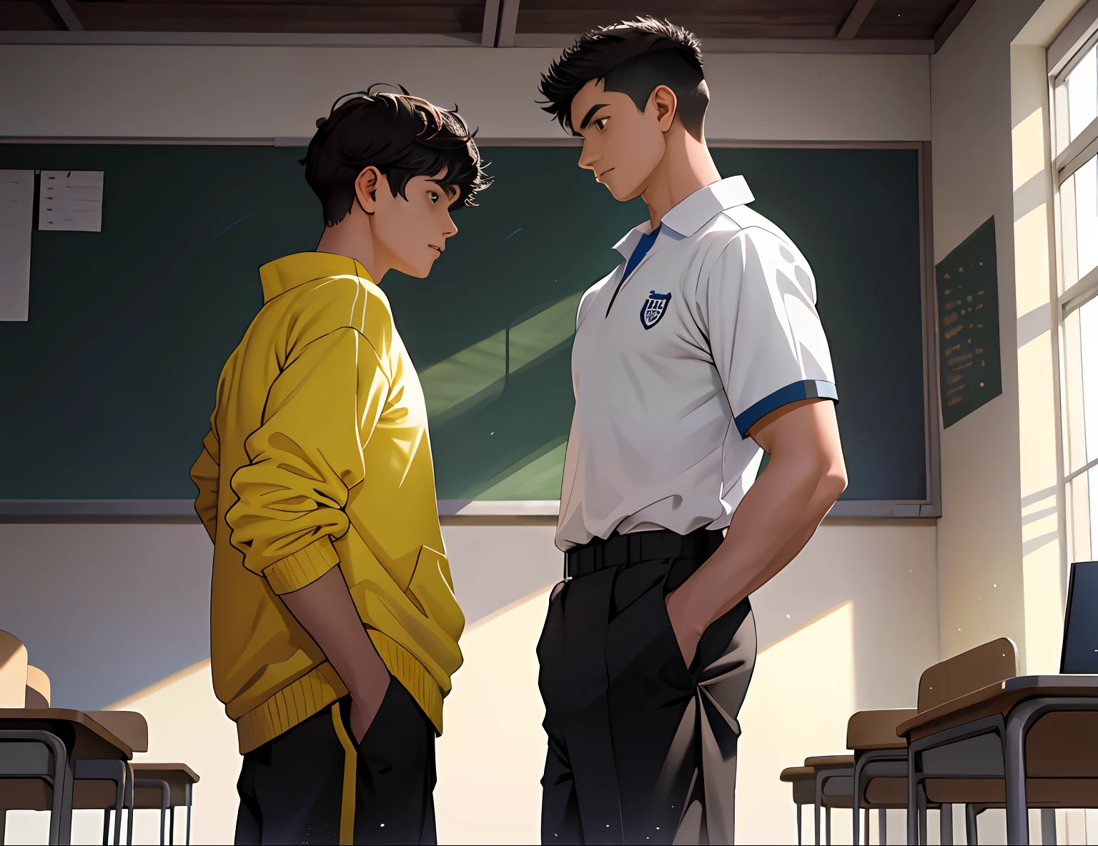 2boys , Parlero,  dentro, (obra maestra, La mejor calidad, absurdos ), escuela,Classroom, Ropa deportiva,looking at eachother , rubor claro,