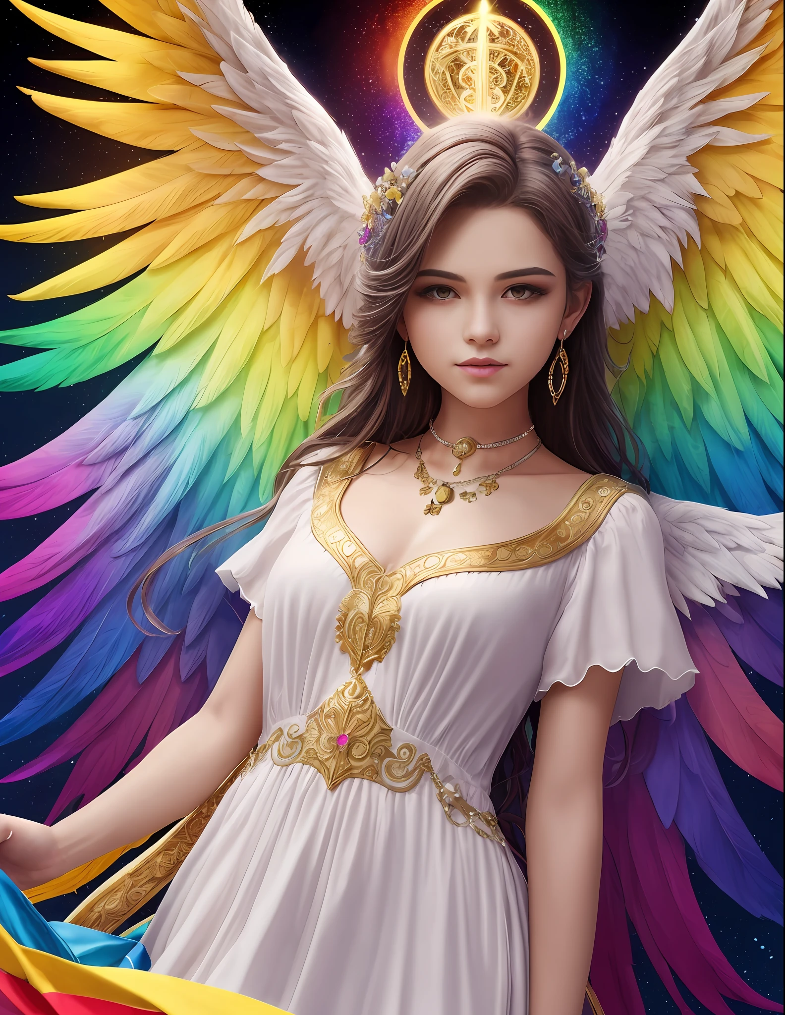 Beautiful and perfect teen angel with detailed and defined rainbow colors angel wings, Teen angel large full rainbow colored wings, teen angel with full detailed wings and half body, detailed and perfect beautiful white face, defined gray open eyes, rainbow colored tunic dress with lots of golden details, golden precious jewels, light being, mystical being, Sacred and Heavenly being, masterpiece, realism, hd, high quality and resolution, 8k --auto