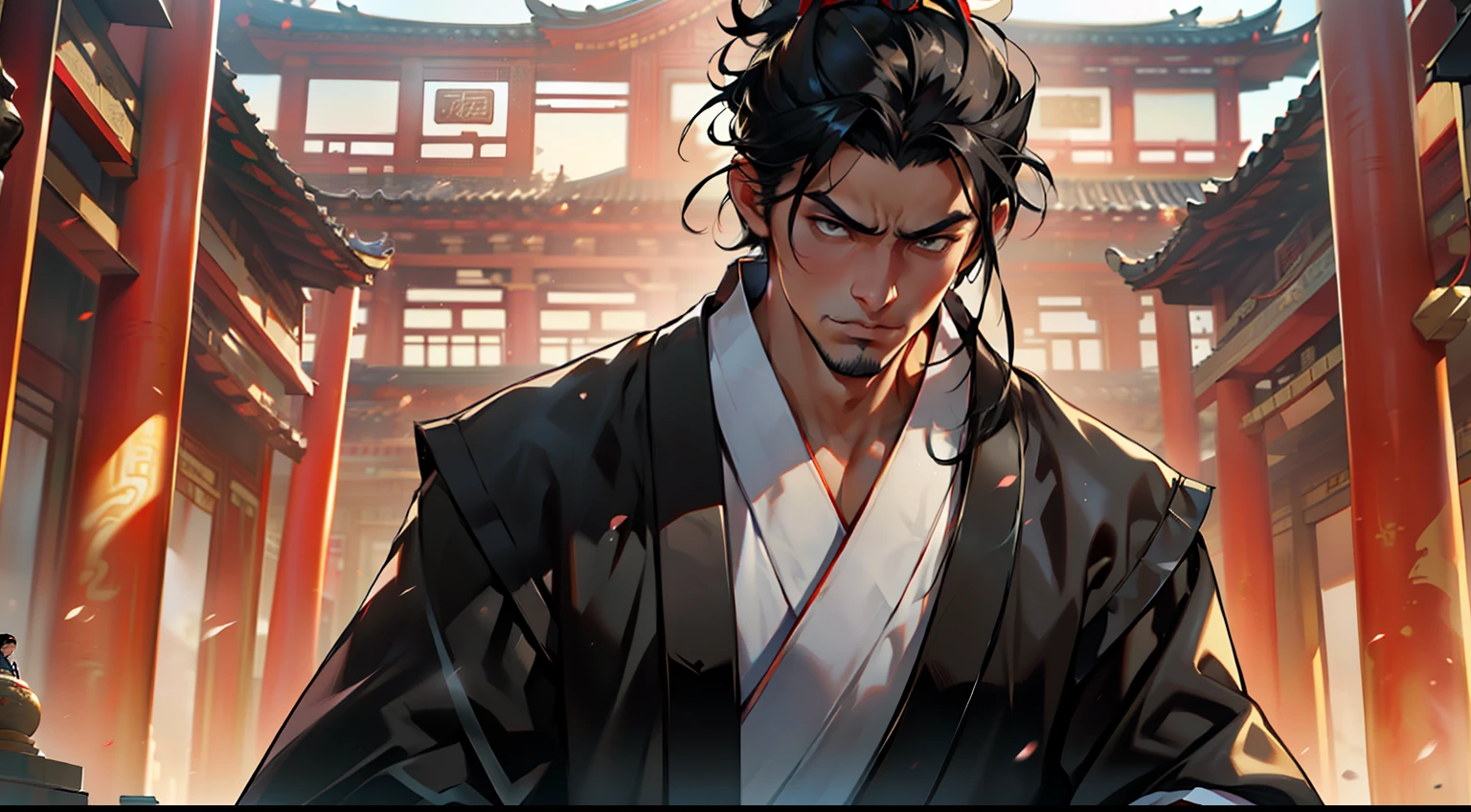 1, (1 person) (boy, (((Black coat))), ((Black Hanfu youth)), (((Black hair))), kingly air, gorgeous, handsome, outstanding temperament, his face changed suddenly, and he hurriedly defended himself) (Background: Inside the sacred and magnificent ancient Chinese imperial palace).