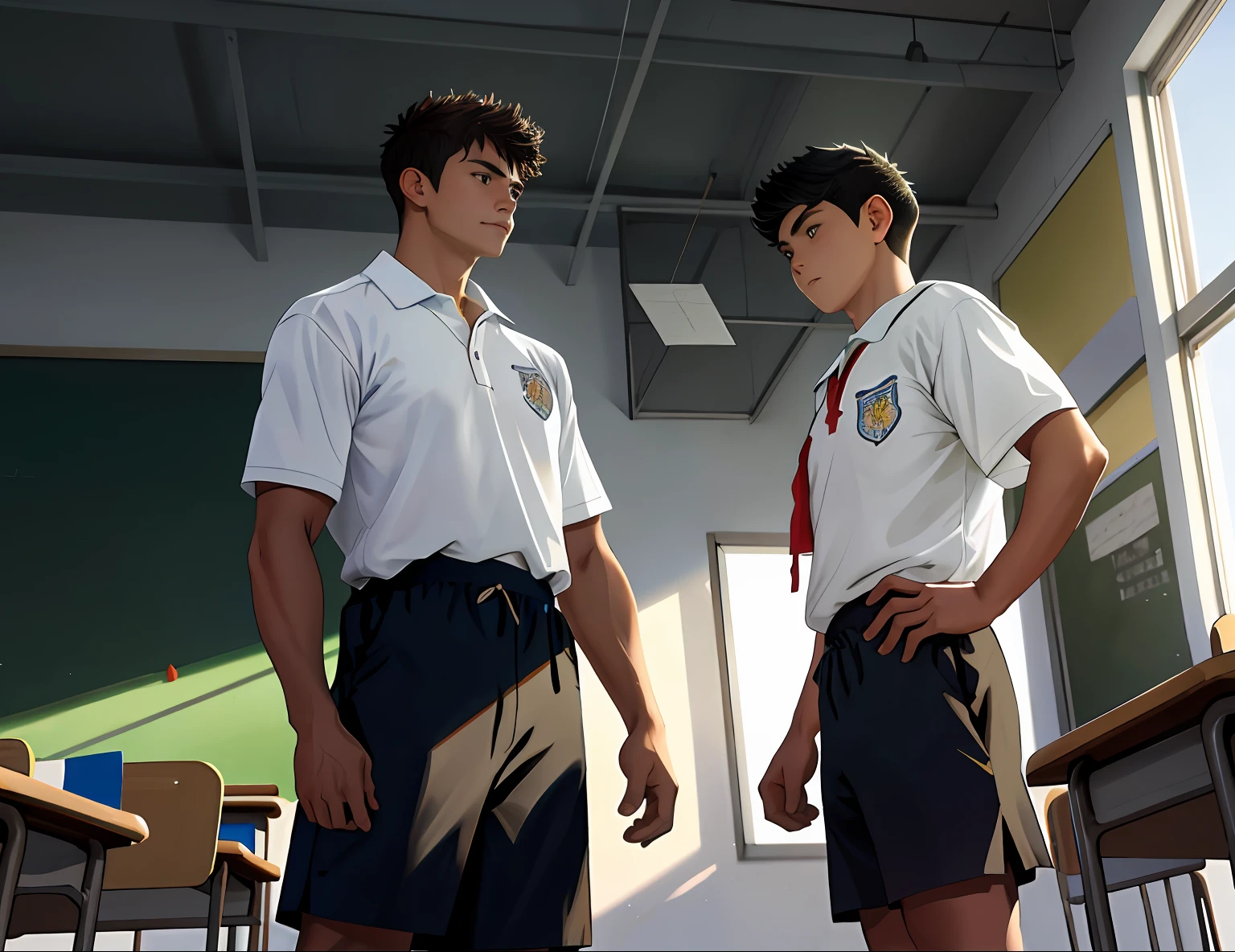 2boys , Parlero,  dentro, (obra maestra, La mejor calidad, absurdos ), escuela,Classroom, Ropa deportiva,looking at eachother , rubor claro,