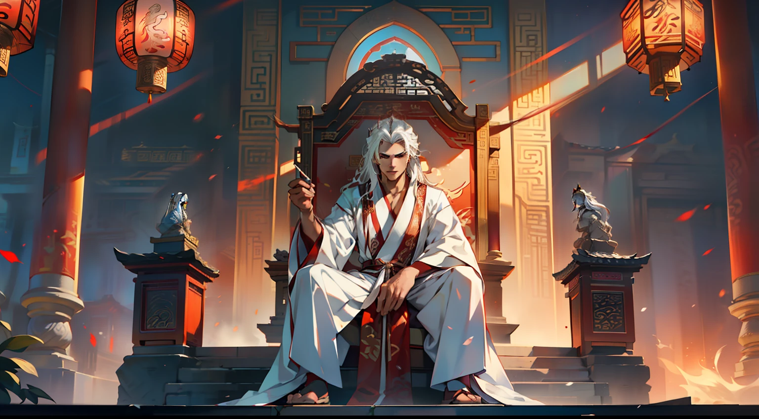 2, (1 person) (boy, ((white Hanfu youth)), (((Long white hair))), kingly air, gorgeous, handsome, outstanding temperament, sitting on the sacred throne, nodded secretly) (Background: Inside the sacred and magnificent ancient Chinese imperial palace).
