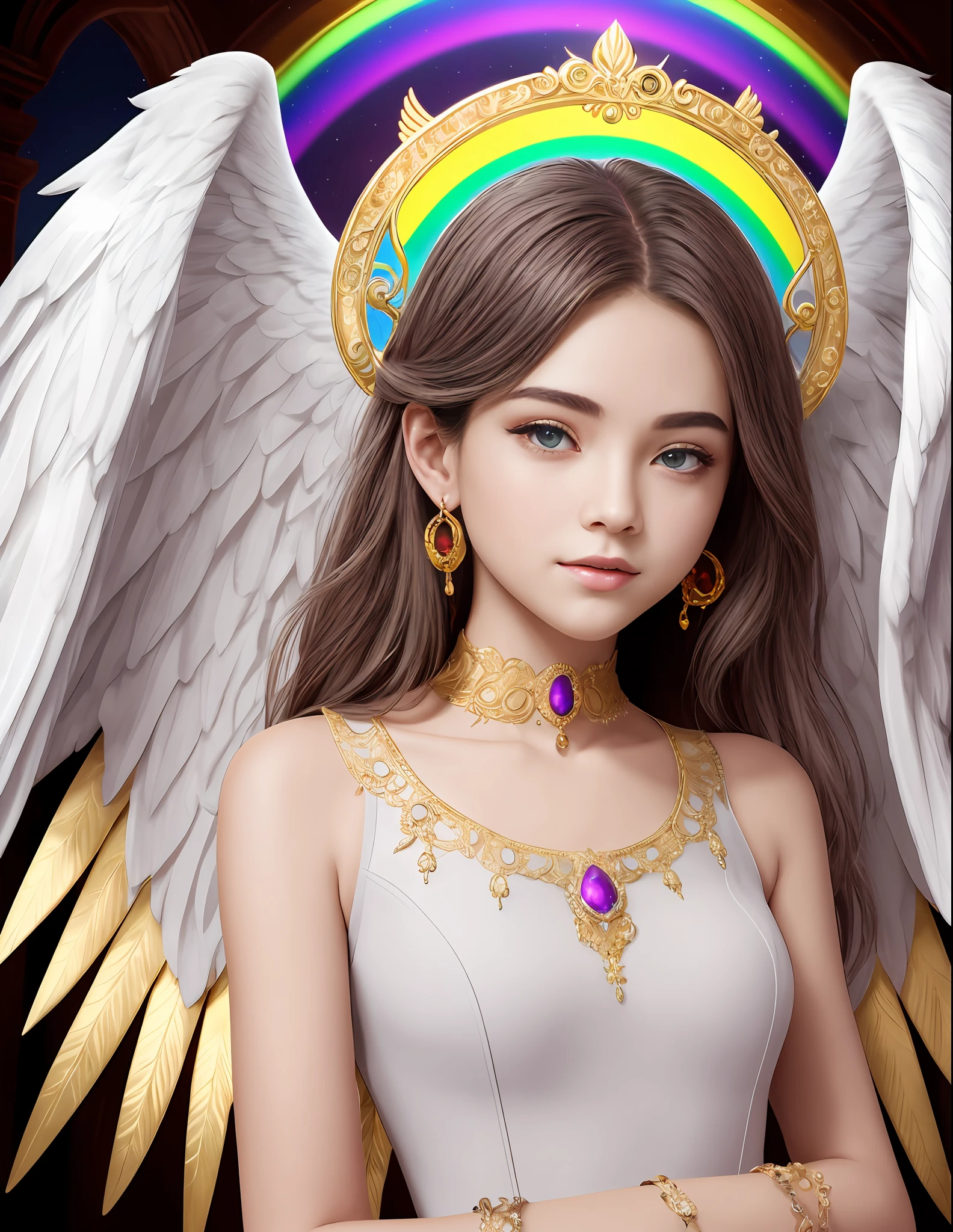 Beautiful and perfect teen angel with detailed and defined rainbow colors angel wings, Teen angel large full rainbow colored wings, teen angel with full detailed wings and half body, detailed and perfect beautiful white face, defined gray open eyes, rainbow colored tunic dress with lots of golden details, golden precious jewels, light being, mystical being, Sacred and Heavenly being, masterpiece, realism, hd, high quality and resolution, 8k --auto