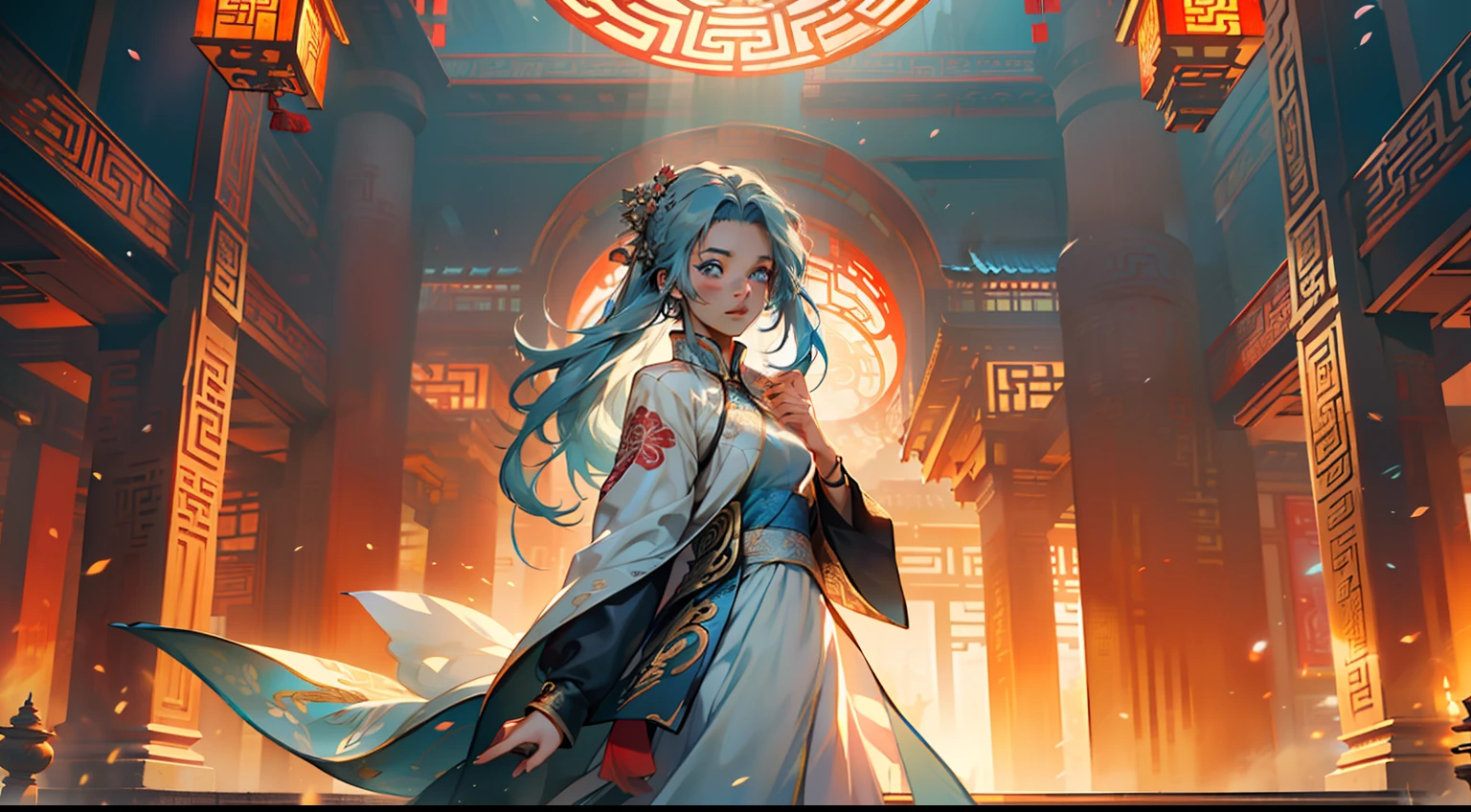 3, (1 person) (girl, (((Blue Eyes))), (((Long Blue hair))), Light blue dress with white light gauze jacket, young woman graceful and dignified, couldn't help feeling heartbroken) (Background: Inside the sacred and magnificent ancient Chinese imperial palace).