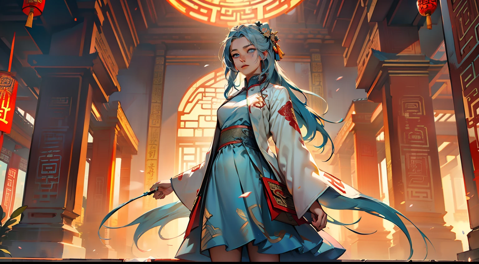3, (1 person) (girl, (((Blue Eyes))), (((Long Blue hair))), Light blue dress with white light gauze jacket, young woman graceful and dignified, couldn't help feeling heartbroken) (Background: Inside the sacred and magnificent ancient Chinese imperial palace).