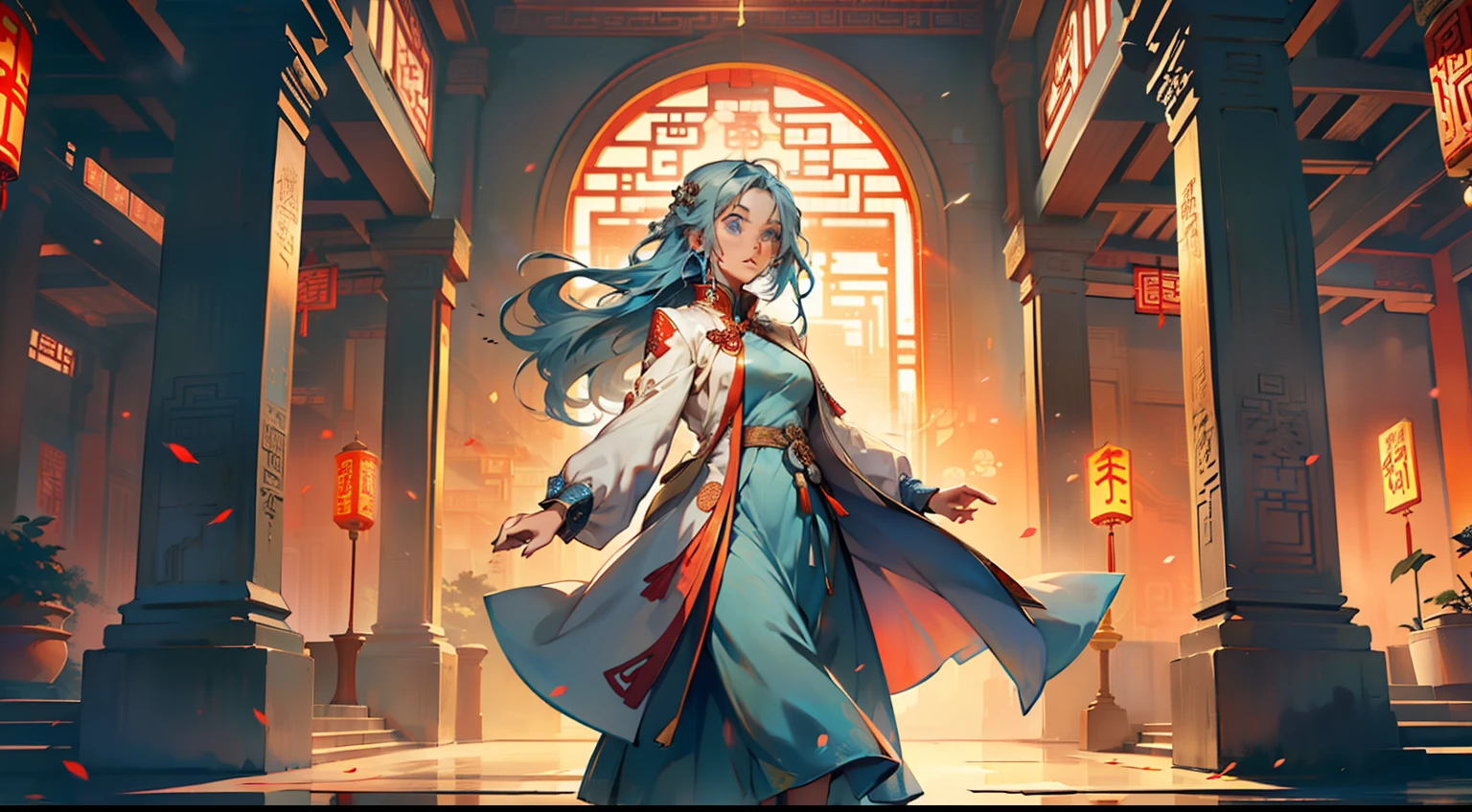 3, (1 person) (girl, (((Blue Eyes))), (((Long Blue hair))), Light blue dress with white light gauze jacket, young woman graceful and dignified, couldn't help feeling heartbroken) (Background: Inside the sacred and magnificent ancient Chinese imperial palace).