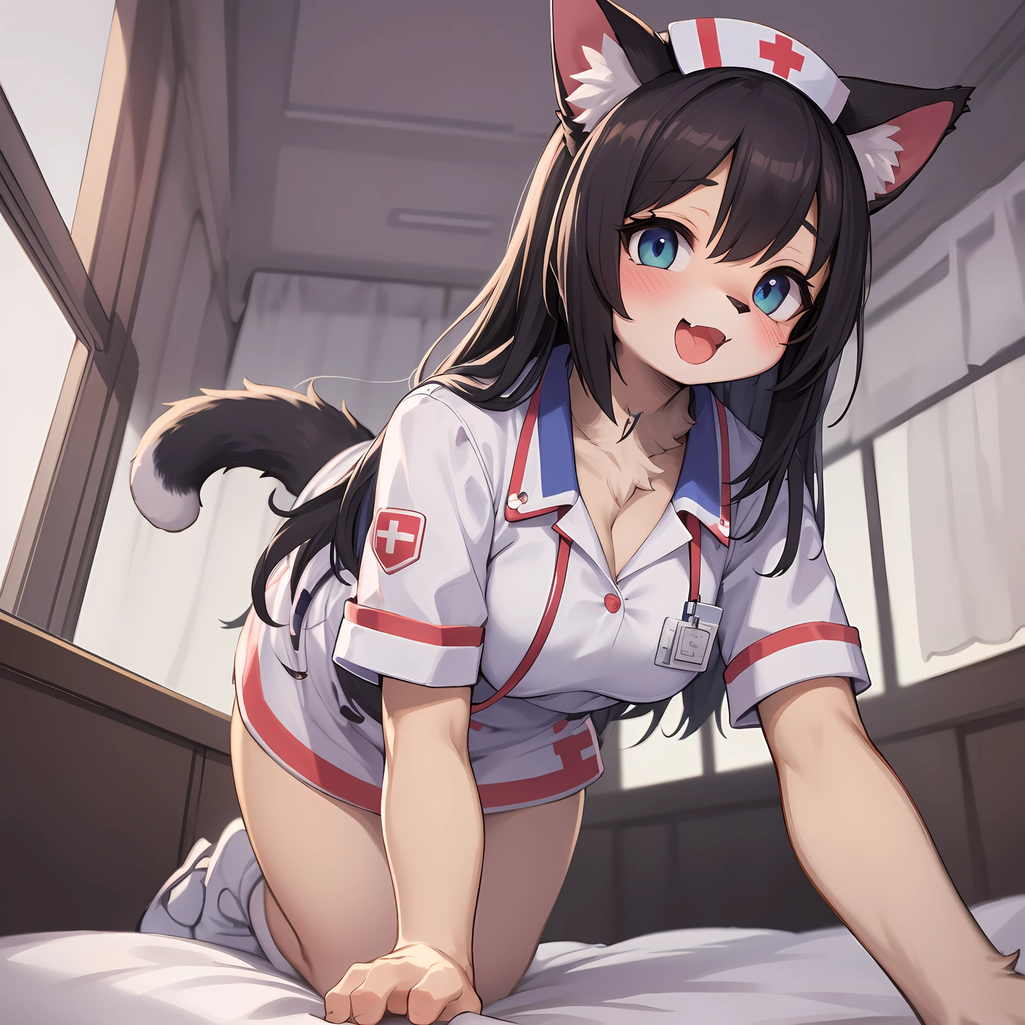 Point Of View, Cowgirl position, Mount Position, Cat nurse reaching for me anxiously, Hospital room, White curtains, sunlight, window, ceiling, nurse's outfit(detailed beautiful face and eyes)absurdres, perfect anatomy(kemono, angelic cute girl, solo focus)(furry anthro)(very detailed body fur)embarrassed, smile:0.6, full-face blush, open mouth, full body, I sleep on my back in bed, Sitting on my belly, Point Of View, Cowgirl position, Cat nurse reaching for me anxiously,