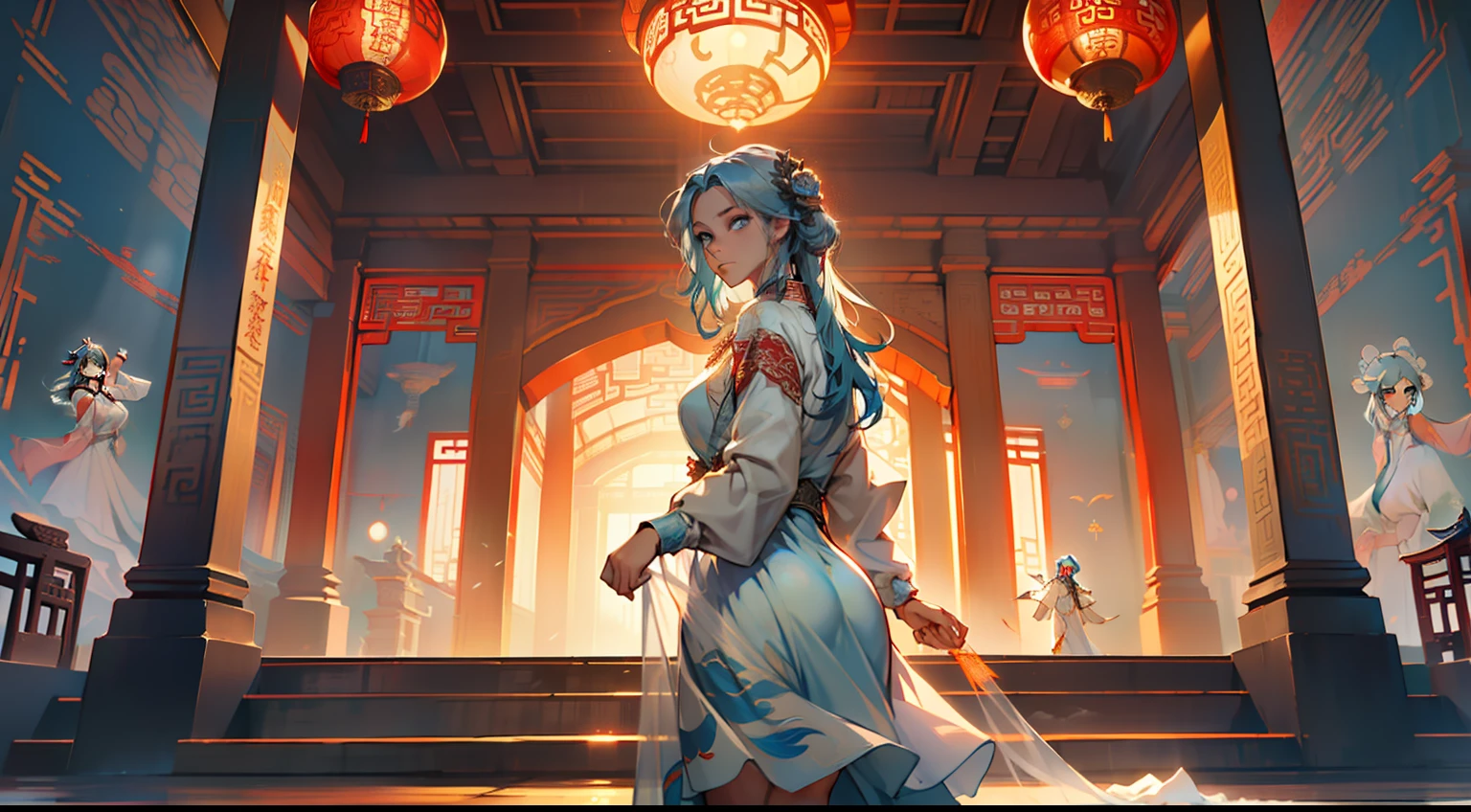 4, (1 person) (girl, (((Blue Eyes))), (((Long Blue hair))), Light blue dress with white light gauze jacket, young woman graceful and dignified, recalling the past days, everyone treated her with great respect) (Background: Inside the sacred and magnificent ancient Chinese imperial palace).
