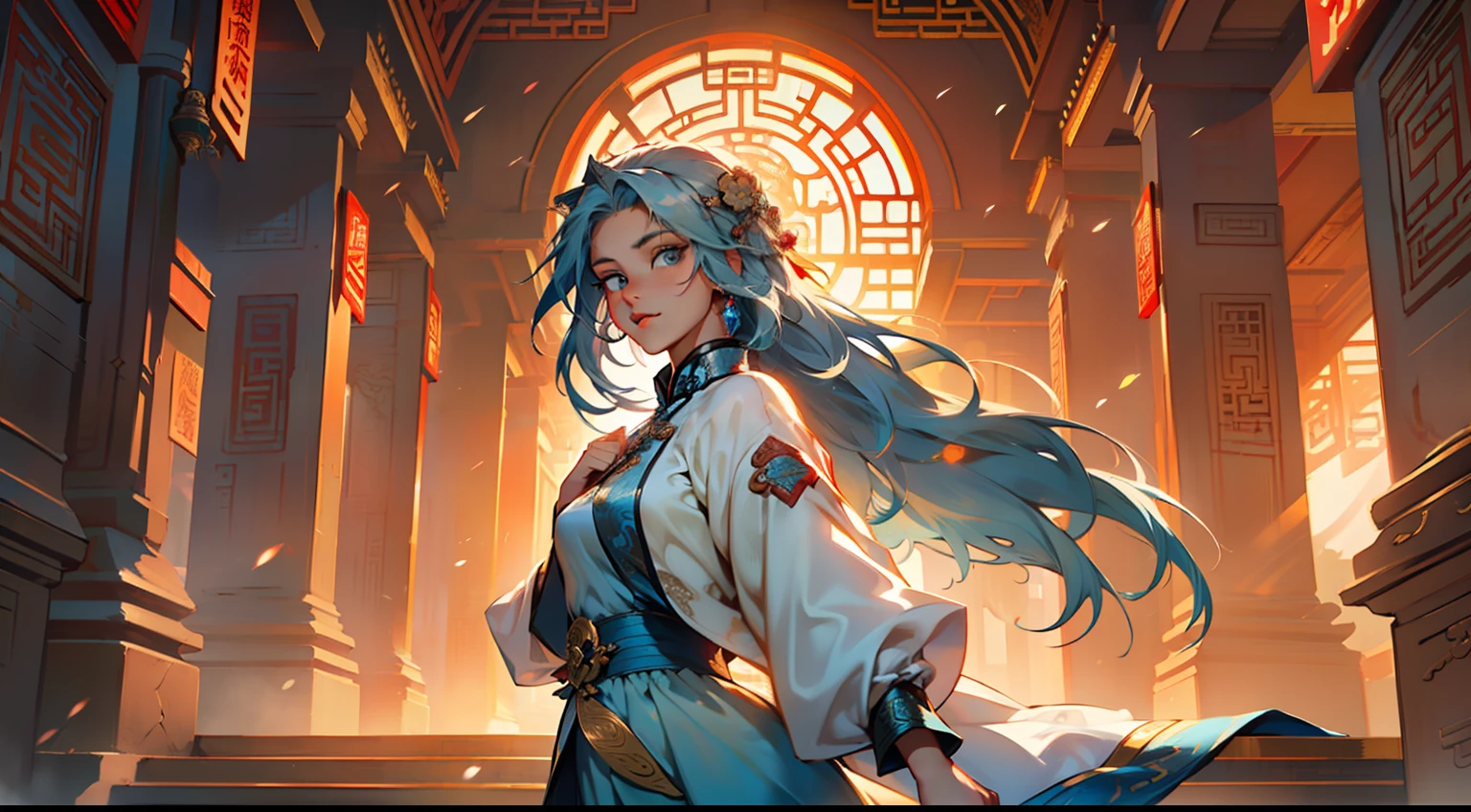 4, (1 person) (girl, (((Blue Eyes))), (((Long Blue hair))), Light blue dress with white light gauze jacket, young woman graceful and dignified, recalling the past days, everyone treated her with great respect) (Background: Inside the sacred and magnificent ancient Chinese imperial palace).