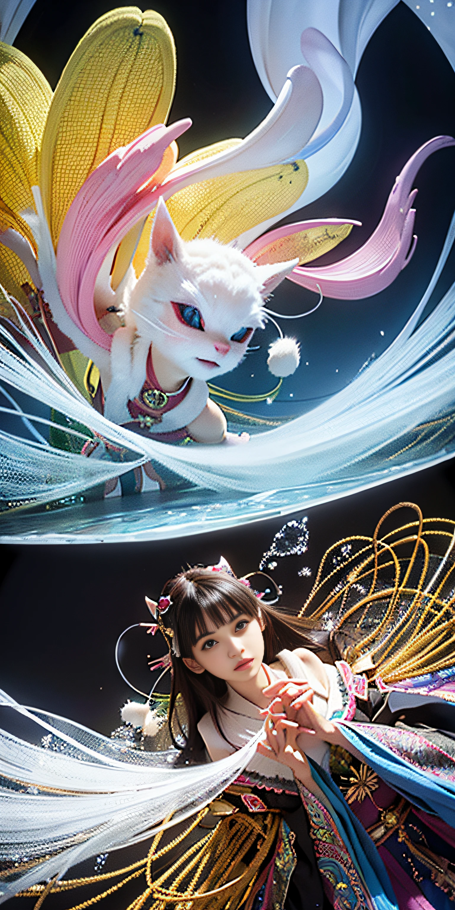 Pray for beans, 1girl in, portlate, Solo, 9 tails, flower  field, florals, (White smoke:1.3) (Photorealistic:1.4), Zentangle, mandalas, Entangle, Official art, Unity 8k壁纸, ultra-detailliert, Beautiful and aesthetic, masutepiece, Best Quality, (Dynamic Angle:1.4), Glowing skin, (floating colorful sparkles:1) Most Beautiful Form of Chaos, Elegant, a brutalist designed, vivd colour, Romanticism Depth of Field
