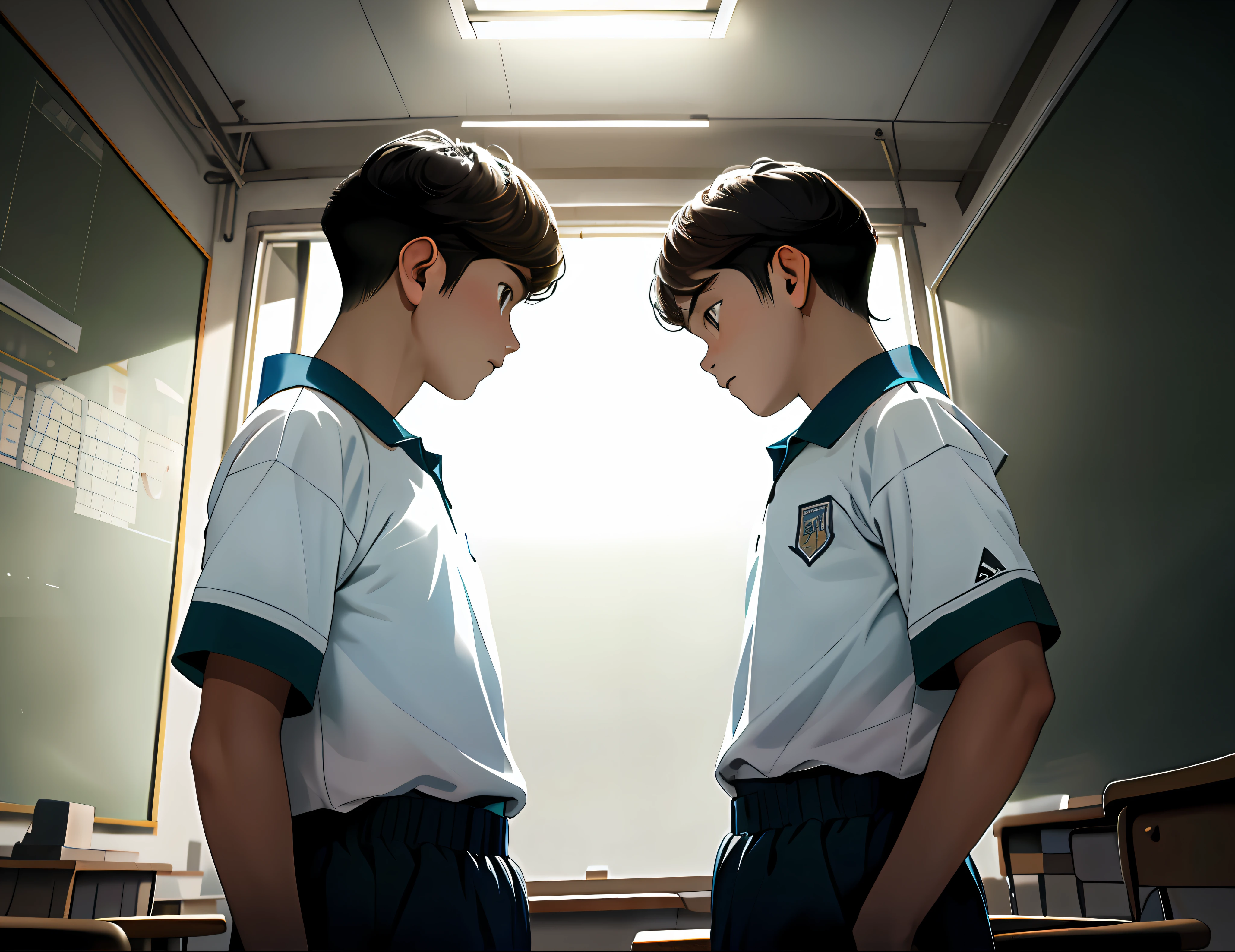 2boys , Parlero, dentro, (obra maestra, La mejor calidad, absurdos ), escuela,Classroom, Ropa deportiva,looking at eachother , rubor claro,