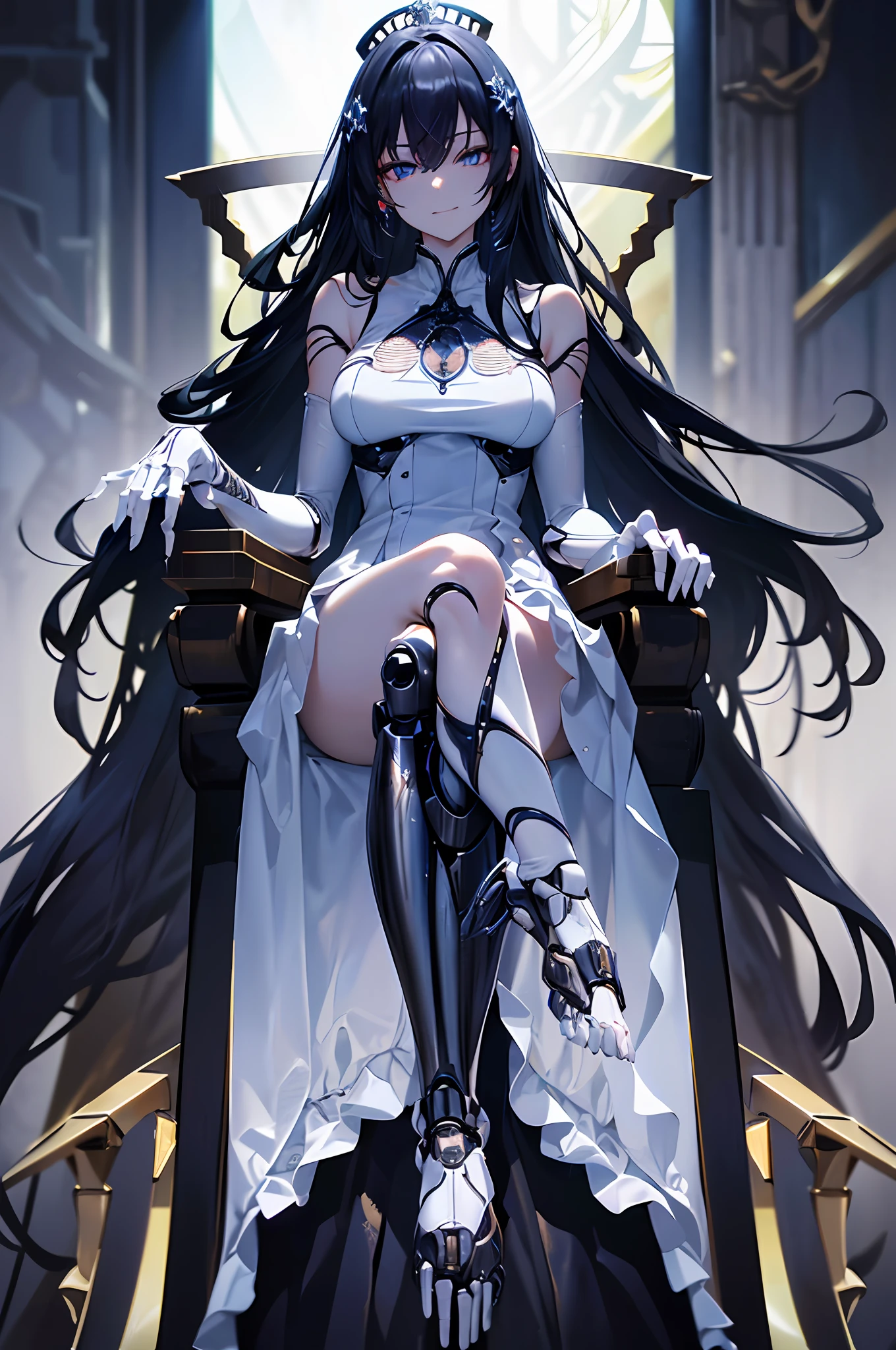 Best Quality, masuterpiece, Ultra-fine, very delicate 8k wallpaper, machine skin girl, black long hair, (beatiful detailed eyes), (Exposure of the body's internal machinery:1.3), (Mechanical joints, machanical limbs), (five fingers, 4fingers and 1thumb), sitting, crossed_legs, smirk, (throne), sexy long dress,