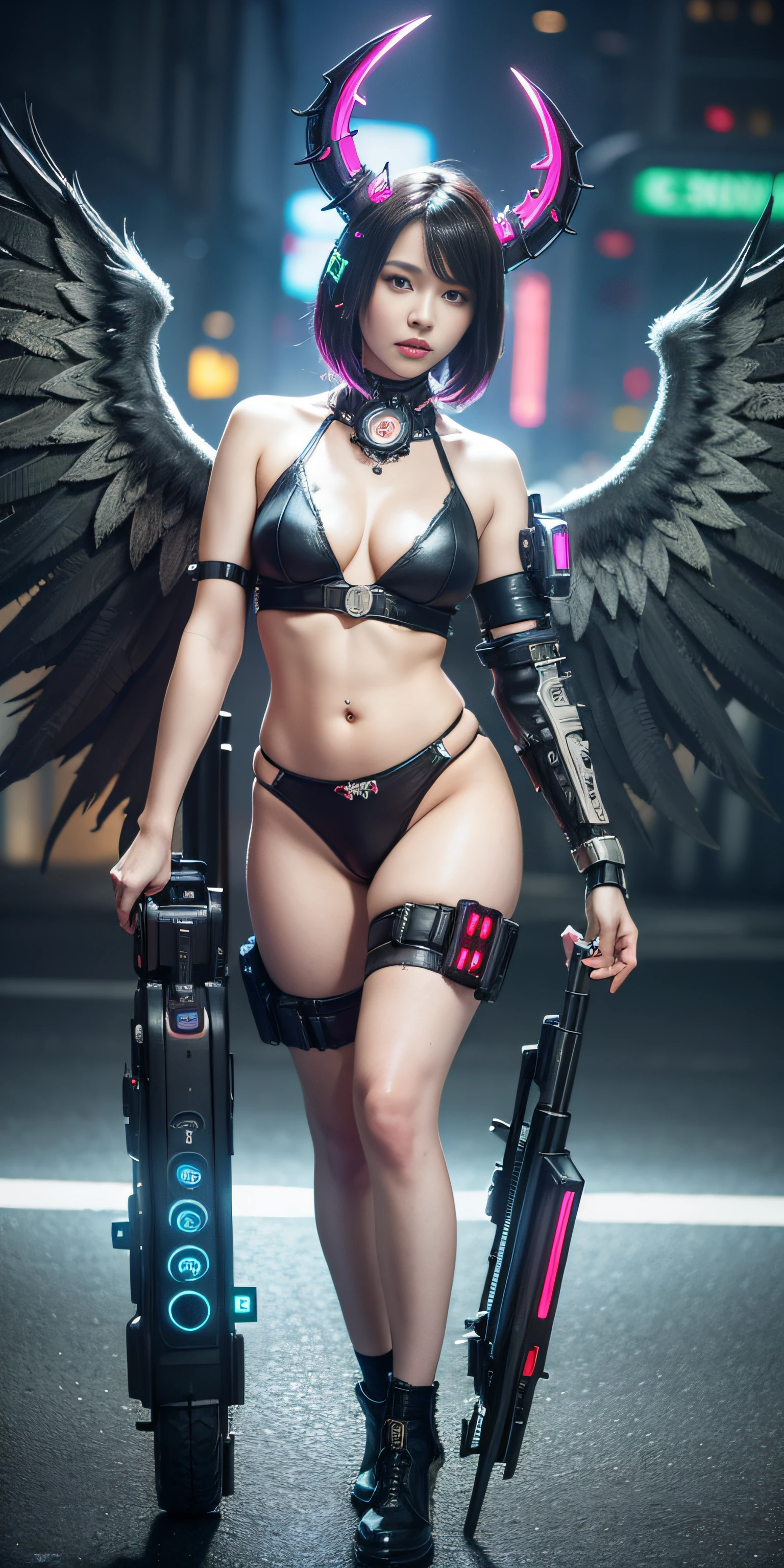 ((Best quality)), ((masterpiece)), (highly detailed:1.3), 3D, beautiful (cyberpunk:1.3) 1girl, cyber archangel with demon horns, (angel wings), torn clothes, bare shoulders, plump, thick, cyberpunk, nighttime, neon light, full body