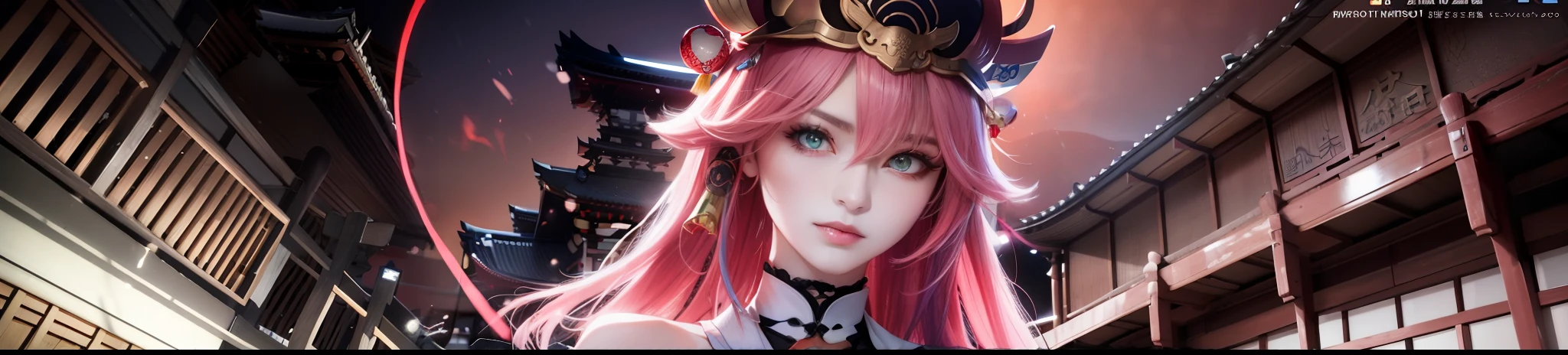 (tmasterpiece,Need,1girl,solo,The details are complex,color difference),photorealestic,((Medium breath)),cropped shoulders,huge tit,Raised sexy,yae miko,Pink Long Hair,red headgear,Red highlight,Hair above one eye,Green eyes,耳Nipple Ring,sharp look,Perfectly symmetrical figure,choker,Neon shirt,Open jacket,high-necksweater,against a wall,brick walls,scribbles,dim murky lights,alley,looking at viewert,((Mean streak,Cleavage is seductive,big breasts enchanting)),(((sakurabackground))),(((Japanese temple background))), (((Glow-in-the-dark background))),Wide poster,large scene,Landscape orientation,巨作