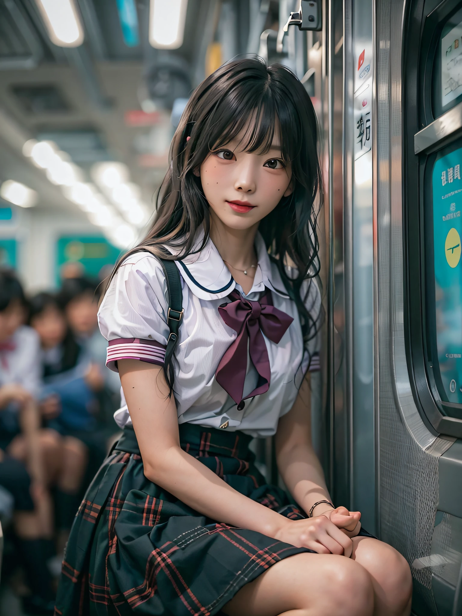 film photography, 1girl, asian woman in a short skirt and bow tie sitting on a train, cute schoolgirl, japanese girl school uniform, wearing japanese school uniform, japanese school uniform,, seductive smile, medium breast, full body, drunk blush:1.5, black wavy shoulder-length hair, serene, calm, (realistic detailed eyes, natural skin texture, realistic face details), soft dramatic lighting, depth of field, bokeh, vibrant details, finely detailed, hyperrealistic