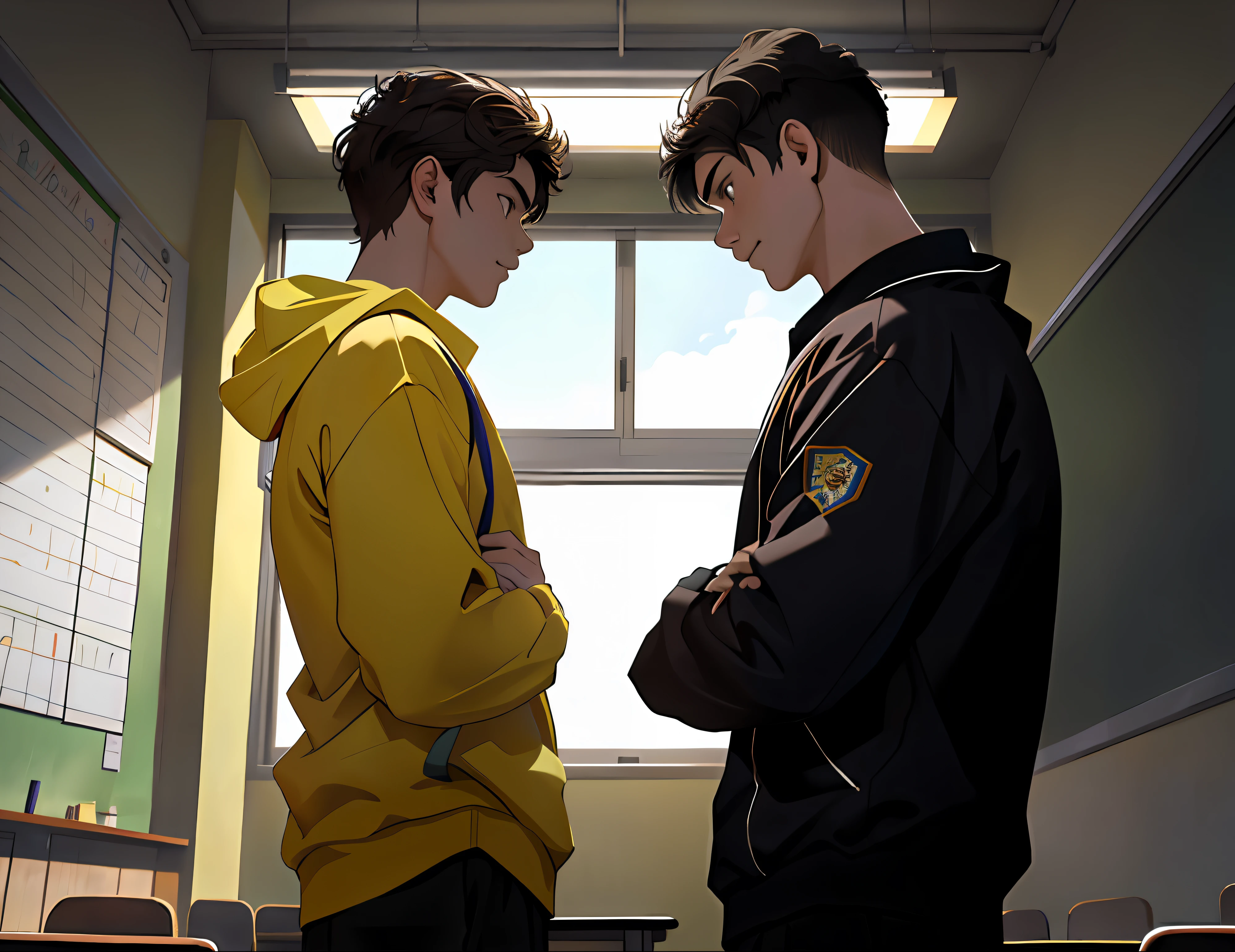 2boys , Parlero,  dentro, (obra maestra, La mejor calidad, absurdos ), escuela,Classroom, Ropa deportiva,looking at eachother , rubor claro,