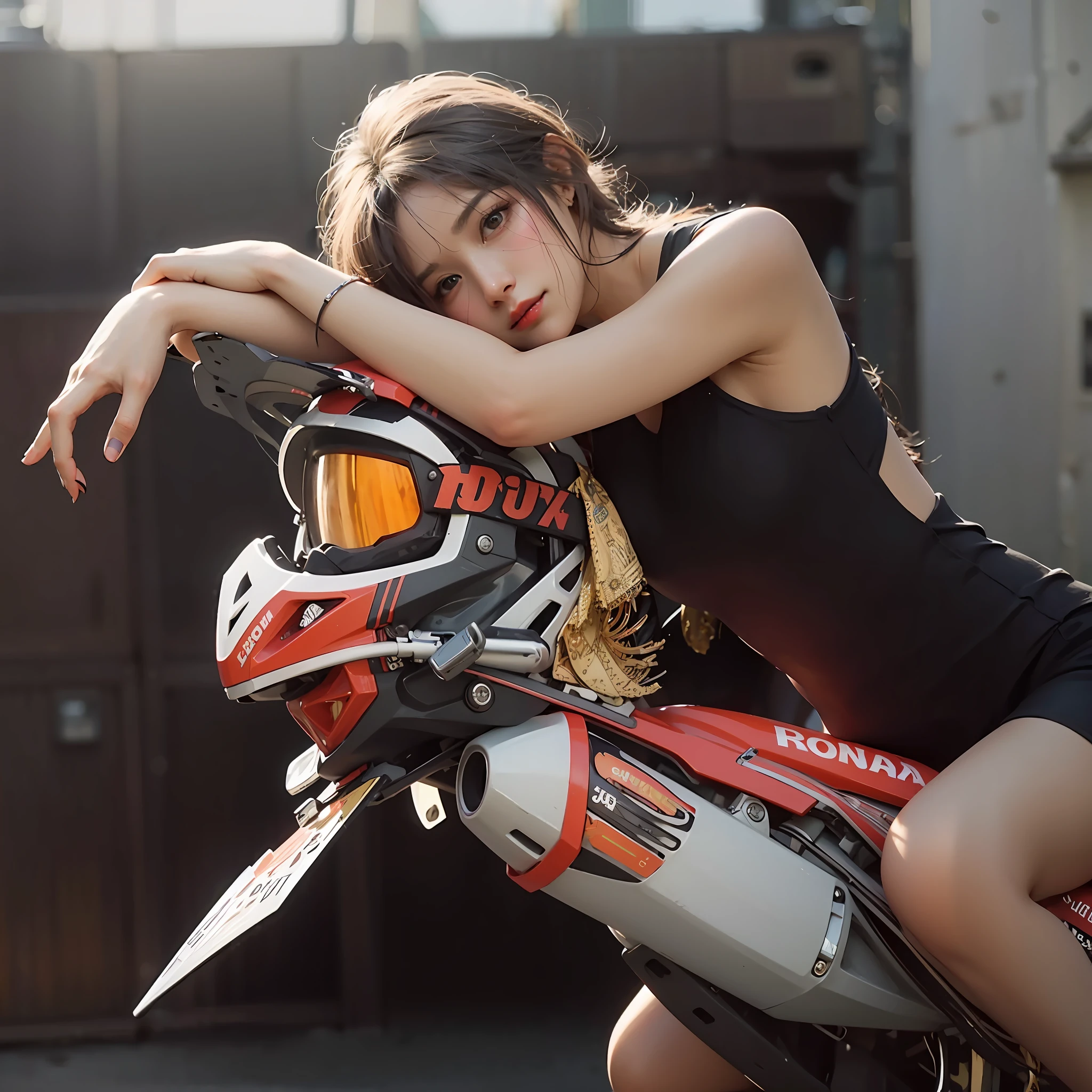 Sexy woman riding motorcycle,Has a beautiful face,Keep your arms behind your back, photoshoot, fine art piece, sitting on the motorcycle, motorcycle, Chinese girl