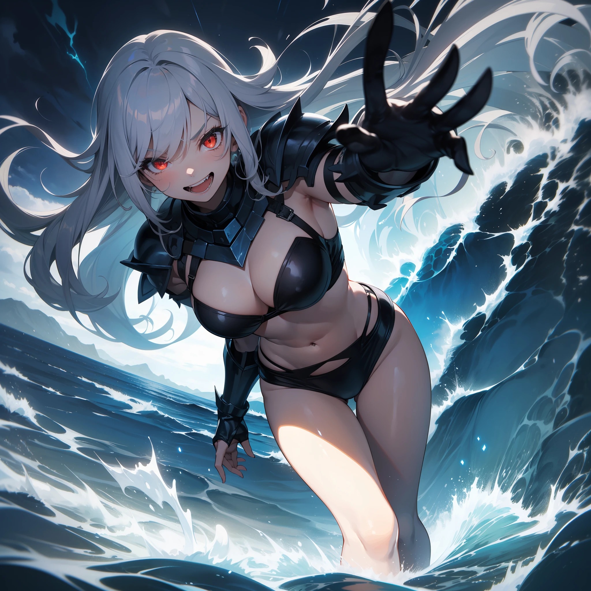 masutepiece, Best Quality, hyper detailed illustration，beautiful artwork，1girl in、Solo，(Heavy blue and black armor:1.2)，(The bikini:1.2)，Silver-gray hair color、(Evil smile:1.5)，(Tsurime:1.3)，(Leviathan motifs)，(Open your mouth wide)，(double tooth:1.6)，(eyes glowing red:1.2)，(cowboyshot)，(Gorgeous Armor)，(dark sky:1.3)，(Thunderbolt:1.5)，(Deep Shadows:1.5)，Intense red thunder，(open stance)，(Black aura from the body:1.3)，(walking on water:1.2)，(raging sea)，Haihara，(Front view)，Swirling tide，Swirling waves，coming towards，incoming，