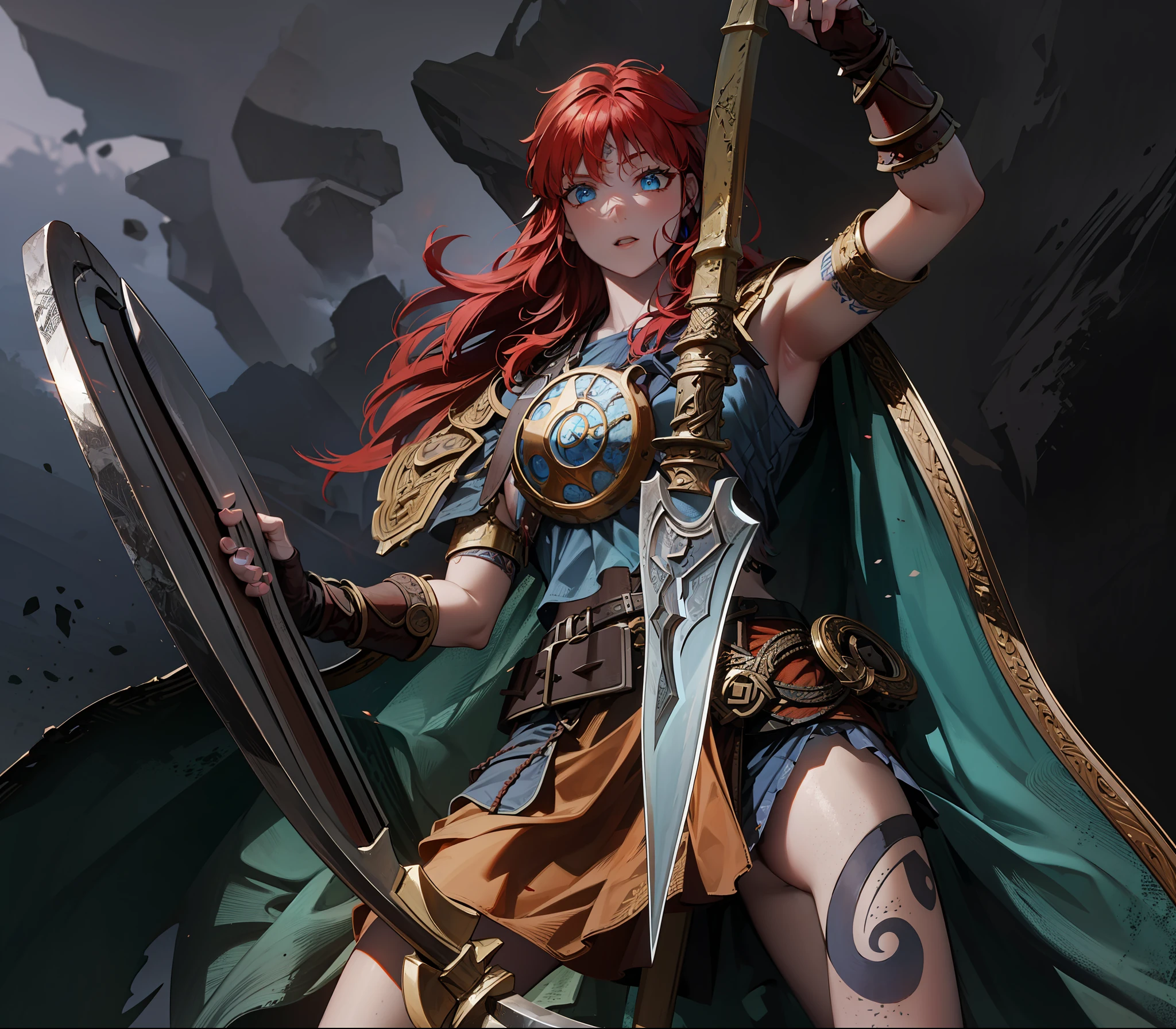 Boadicea, red-haired Viking warrior with Nordic armor and rune tattoos on her body and blooming blue eyes holding an axe, 4k