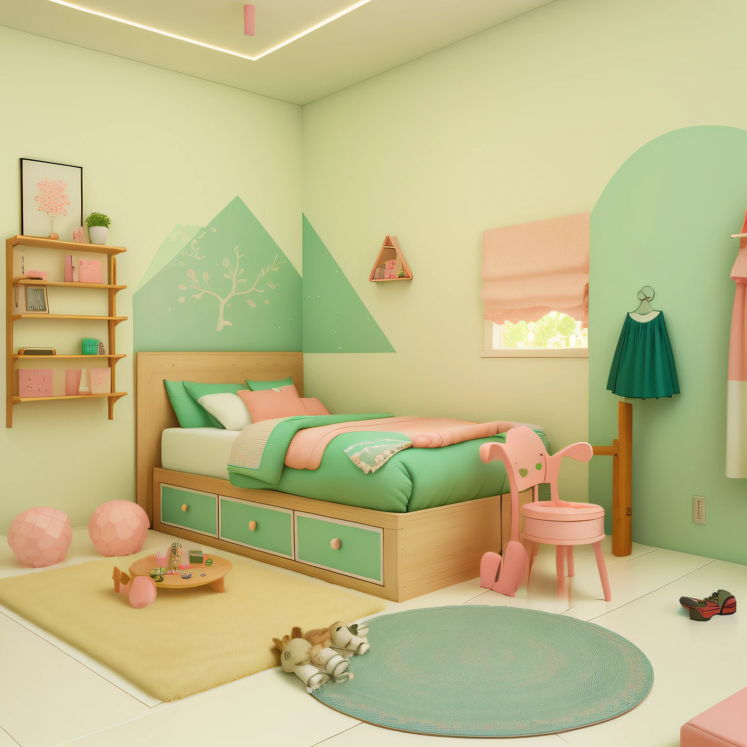 um quarto com uma cama ROSA, um tapete ROSA e um espelho, Quarto do MENINAre, CHEIO DE BONECAS, BARBIE, AMBIENTE ROSA, PINTURA ROSA, childs bedroom, quarto de cama, quarto mobiliado ROSA, quarto fotorrealista, 3d magic details, very realistic 3 d render, brinquedoteca, Renderizado em 3 dsmax, Quarto pequenA, quarto bonito, adorable design, excellent 3d render, tapete de urso, MOCHILA ROSA, SAPATO ROSA, BOLA ROSA, LUMINARIAS ROSAS --auto