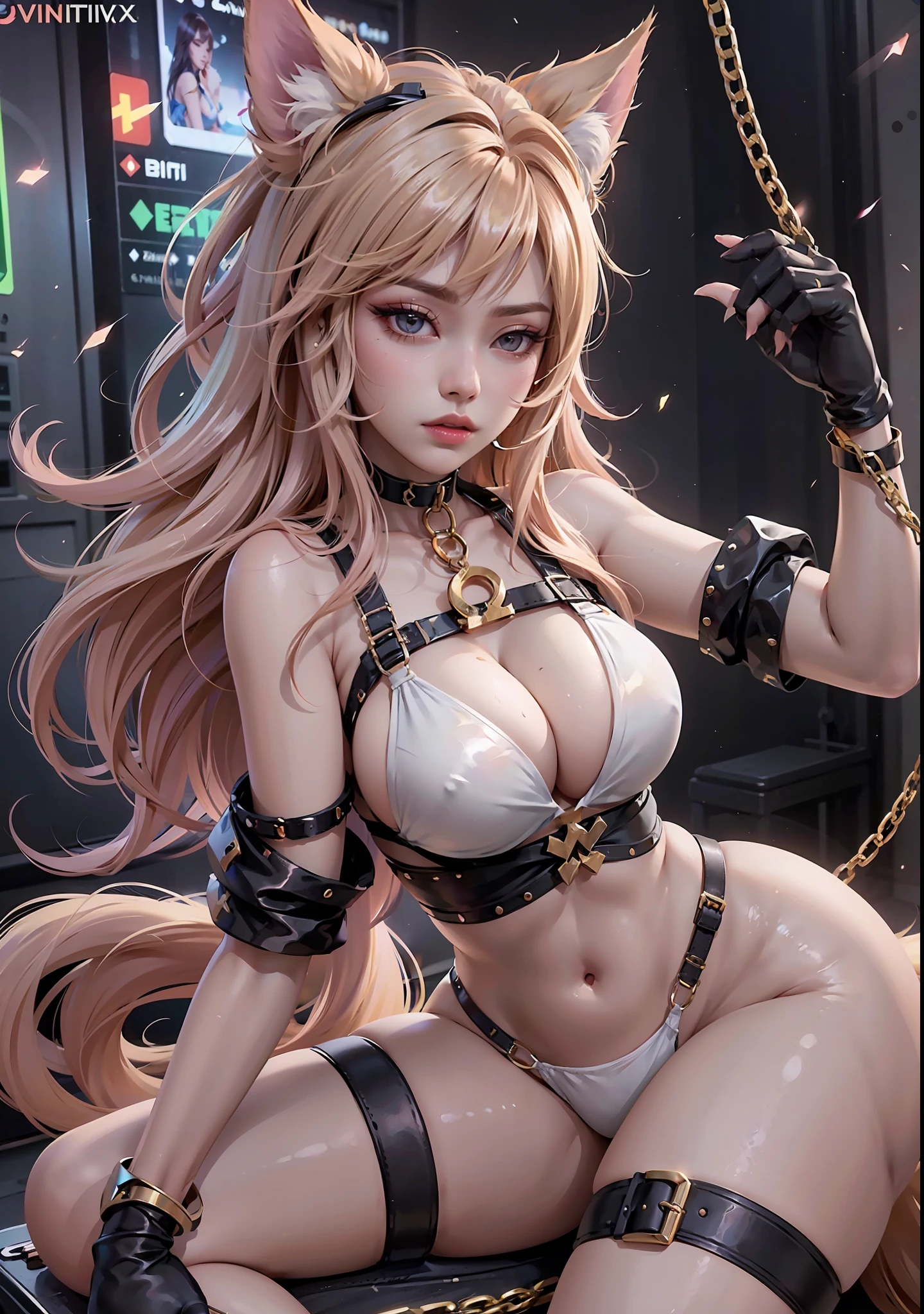 1 girl, Beautiful photorealistic Prestige KDA all out Ahri from League of Legends blushing, string bikini armor, Shibari, blindfold, electric chair, major cleavage, breast indentation, Ahri inside a Runeterra prison, slave collar, chain around her neck, roleplay bdsm, high fantasy, gravure, lewd, busty, highly detailed, 8k, high resolution, solo, big juicy lips, thick juicy thighs, makeup, large shiny breasts, gloves, looking at viewer, photorealistic, Cinema 4D, octane render, innovative, sexy, curvy but slender, mystical aura, smokey mist around Ahri, illuminati style, use advanced machine learning to create the perfect succubus waifu Ahri alone sitting in an electric chair, exposed camel toe, vice magazine photography style, trending on Pixiv, trending on civitai, perfect composition, sfw, professional quality, unreal engine