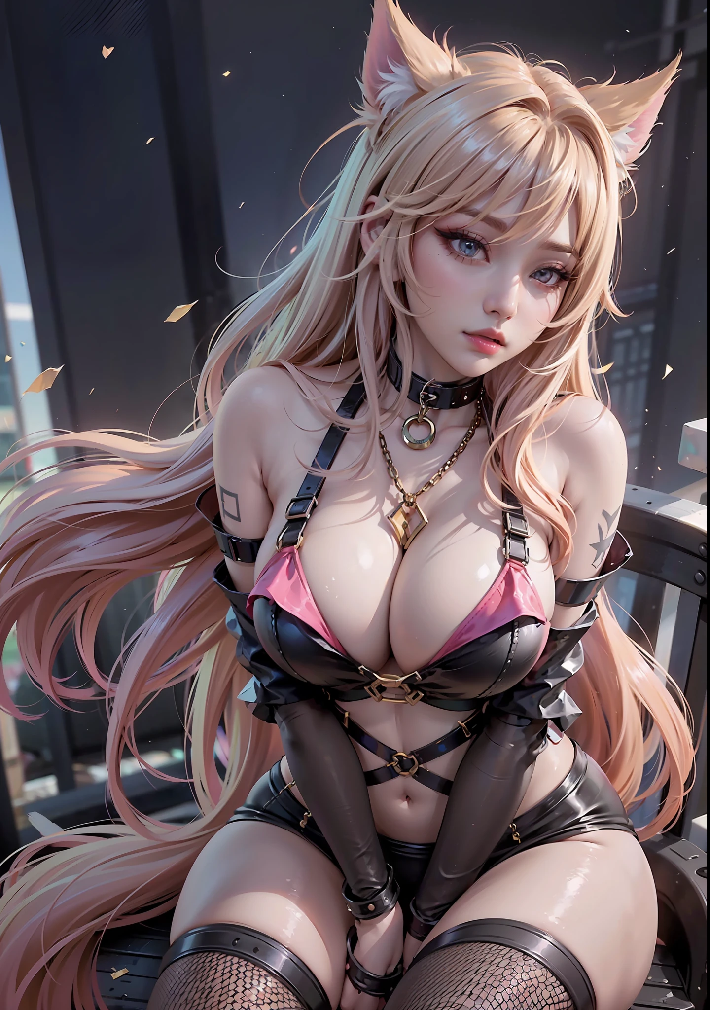 1 girl, Beautiful photorealistic Prestige KDA all out Ahri from League of Legends blushing, string bikini armor, Shibari, blindfold, electric chair, major cleavage, breast indentation, Ahri inside a Runeterra prison, slave collar, chain around her neck, roleplay bdsm, high fantasy, gravure, lewd, busty, highly detailed, 8k, high resolution, solo, big juicy lips, thick juicy thighs, makeup, large shiny breasts, gloves, looking at viewer, photorealistic, Cinema 4D, octane render, innovative, sexy, curvy but slender, mystical aura, smokey mist around Ahri, illuminati style, use advanced machine learning to create the perfect succubus waifu Ahri alone sitting in an electric chair, exposed camel toe, vice magazine photography style, trending on Pixiv, trending on civitai, perfect composition, sfw, professional quality, unreal engine