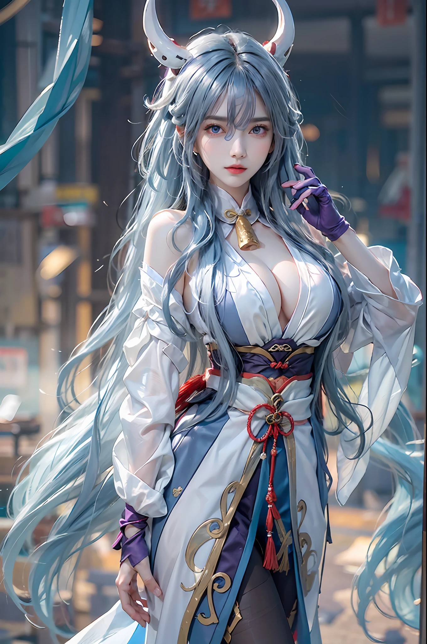 pphotorealistic, high resolution, 1 woman, blue long hair, beautiful eyes, normal , ganyu clothes,gloves, horns, neck bell, pantyhose, purple eyes, sidelocks, tassel, white sleeves,(ganyu \(genshin impact\))