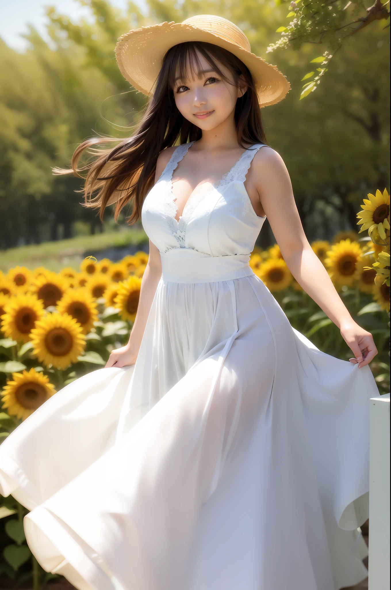 top-quality, ​masterpiece, (Realistic:1.2), sunflowers fields, The upper part of the body, Sunlight, solar flare，Very windy、a smile，Pure white dress with open chest，Wear a big straw hat、Holding a straw hat with your hands，Fluttering long hair，fluttering long skirt