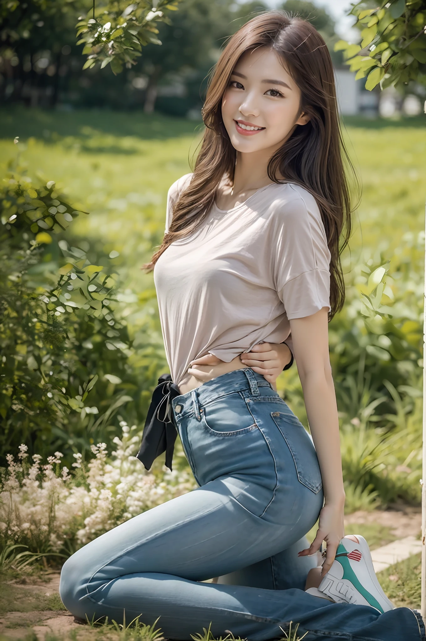 (RAW photogr,超高分辨率,tmasterpiece,best qualtiy:1.4),Complicated details,2 20 year old Korean girl,Wear a loose black T-shirt and skinny jeans,Stand on the grass and take pictures,hugs,Intimate relationships,Detailed meadow,A sweet smile on a small face,The face and skin are pink and fair,Ultra-realistic facial details,Playful and coquettish pose,The calves are straight and slender:1.5,Wear high-end branded colorful travel shoes:1.5,eventide,warm color,Broad lighting,naturalshadow,Shoot from the back,Beautiful waist and hips,taking a full body photo:1.8