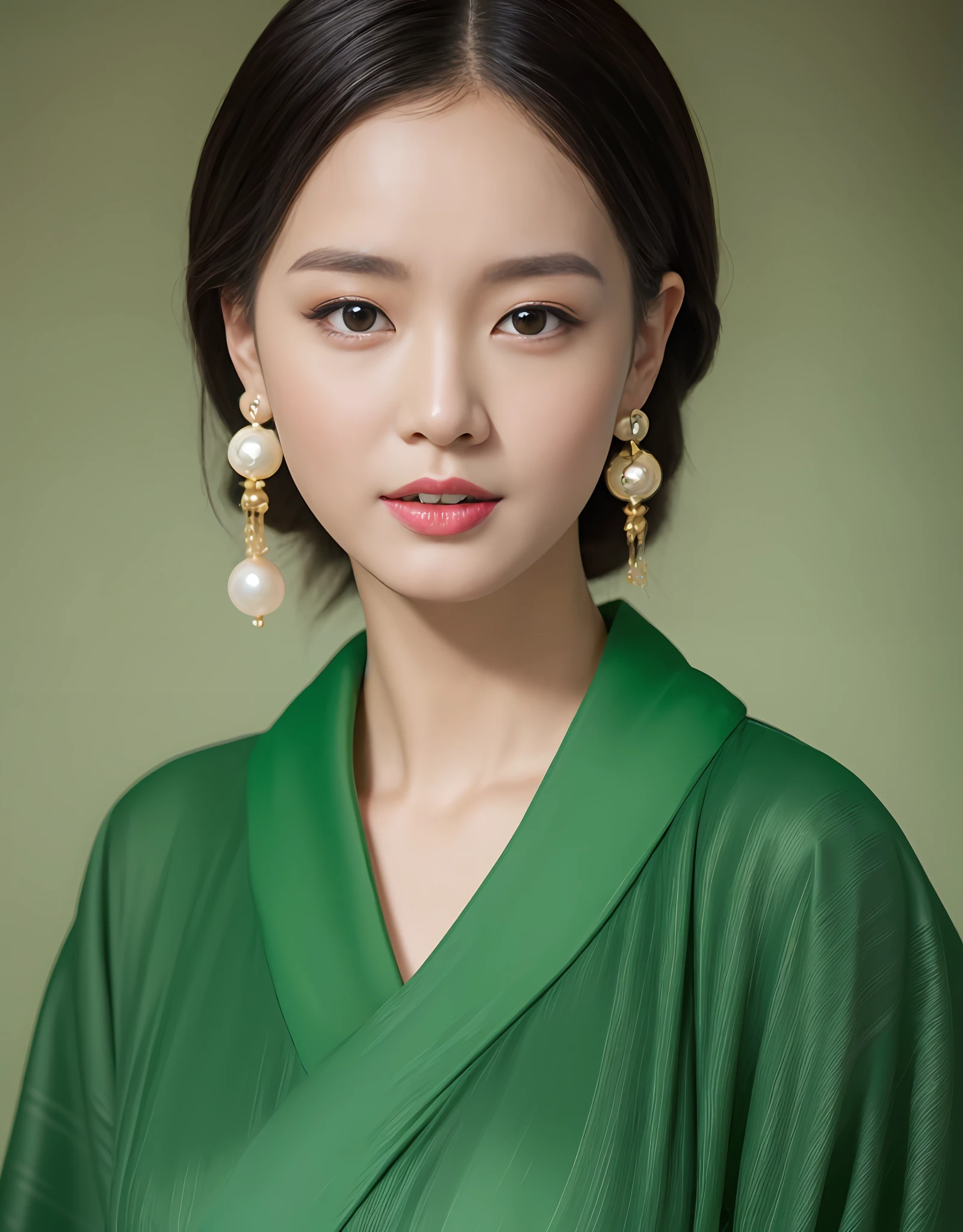 Portrait of a beautiful Japanese girl with porcelain skin, rosy cheeks, red lips, straight black hair, in a green yukata and pearl earrings. (8K, Best Quality : 1.2), (Masterpiece, Photorealistic : 1.3), Super Detail, anatomically correct
