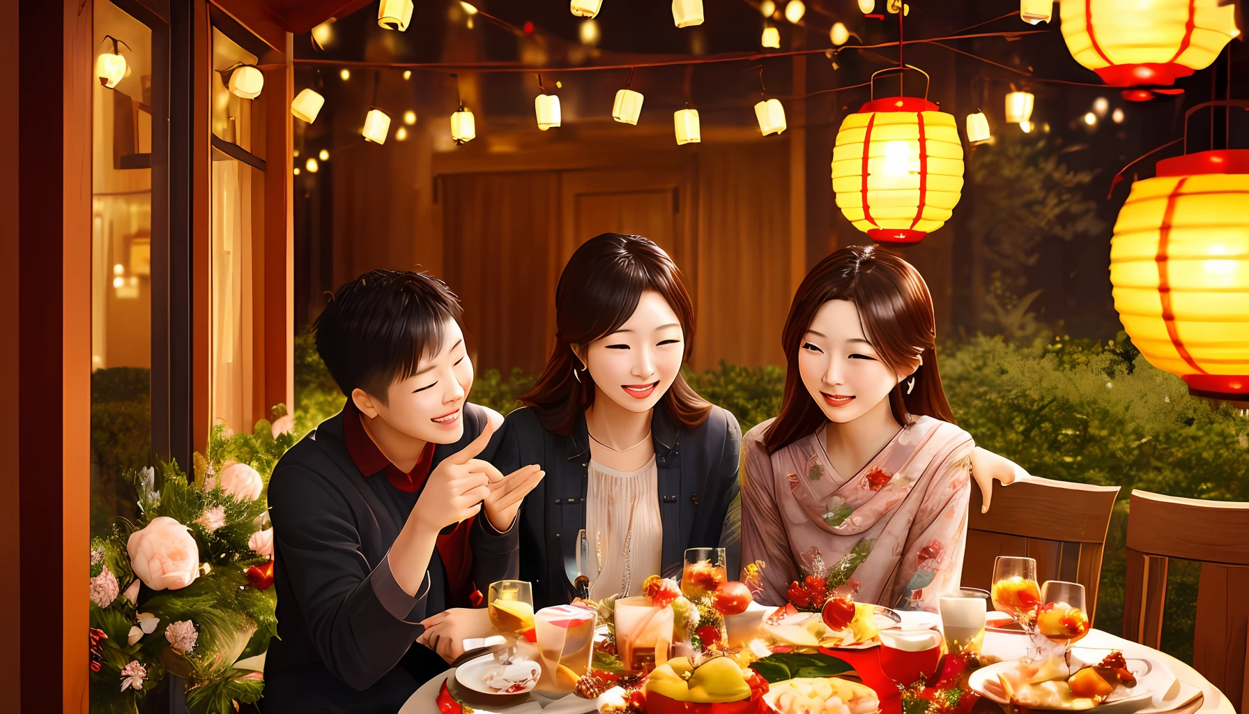 Express the warmth and happy moments of family affection through character expressions and gestures。
beaming：You can add spring couplings to the picture、Lanterns and other decorations，Create a strong festive atmosphere。