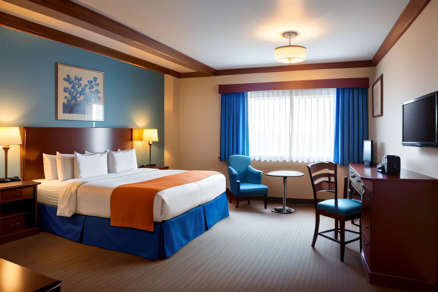 The hotel rooms come with 3 beds,Features a flat-screen TV, inns, comfortable, Rustic, composite, spacious, harmonious, brightly lit blue room, professional, bottom angles, College, colours, luxury goods, 3 colour, Trio, Gamine, ellegance, wide wide shot, wide - shot, Pleasant, alternate angle, posh, Self-restraint, Blue, amber