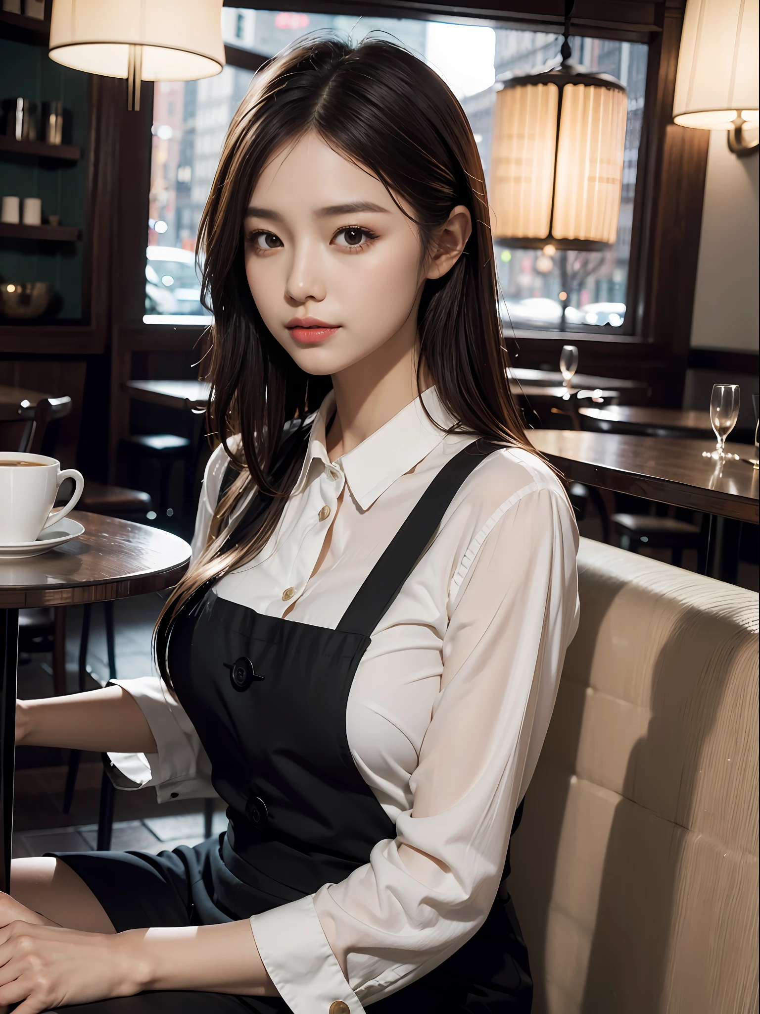 A 30-year-old stylish white-collar woman was sitting in a café drinking coffee , delicate makeup , Chinese female , Canon 35mm Shot , Photorealistic , a photo of ,4k