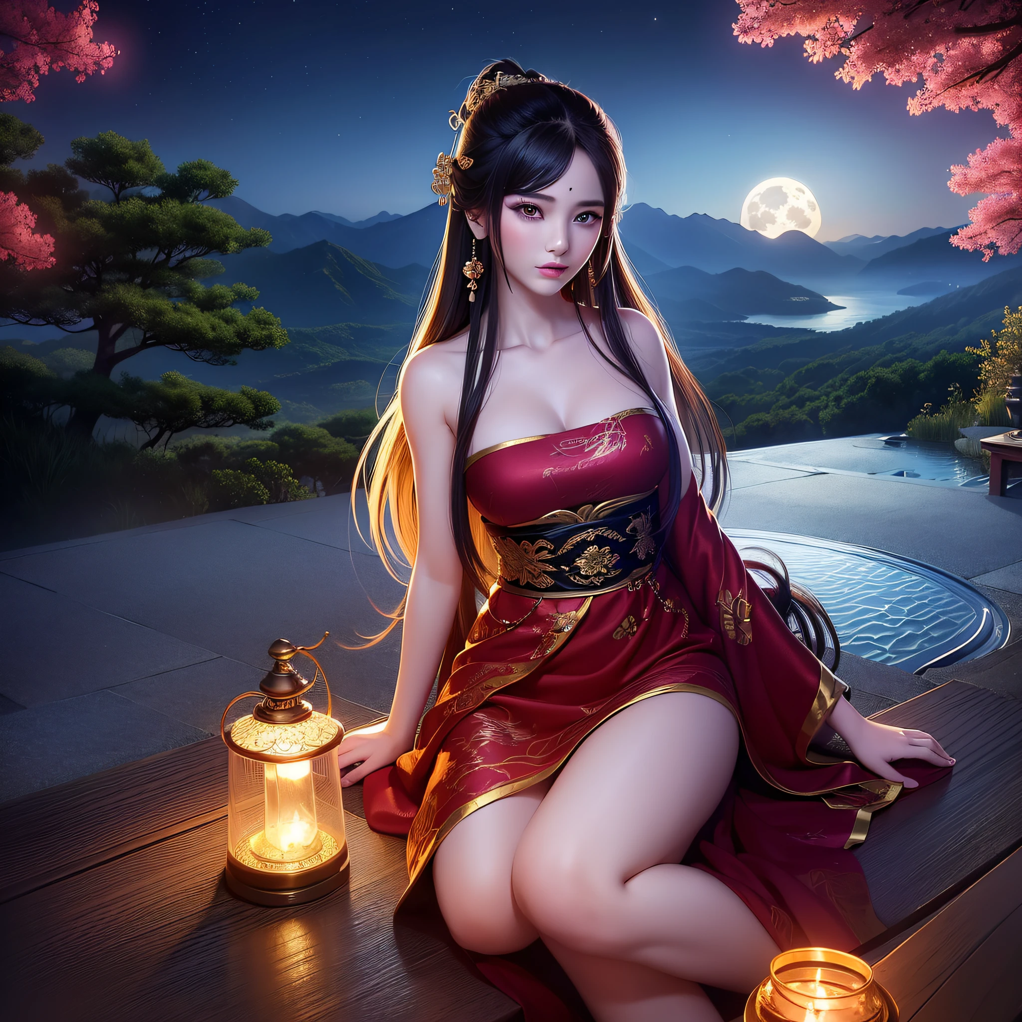 (best quality:1.3), (masterpiece:1.4),(extremely detailed), ((8k, high quality)),CG,wallpaper,photorealistic,Professional light, highres, photography, aesthetic,octane rendering,(best illustration),((depth of field)),(((at night))),((fire works)),
BREAK,((On a night illuminated by the full moon's radiance)), ((a beautiful young girl sits atop a lofty mountain peak))
BREAK,((solo)),(1girl),((an extremely delicate and beautiful girl)),(focus on face),(((close to viewer))),(captivating expression),((detailed eyes)),((red eyeshadow, )),((beautiful face)),traditional Chinese dress,(( face taboo, )),((taboo)),(tattoo of chinese text:1.3),((Seated on the mountain peak)),
BREAK,(full moon), (nighttime scenery), (mountaintop), (Chinese classical architecture), (mountain peak),(river below), (scenic view), (moonlit night), (boat),(serene beauty), (tranquil atmosphere), (majestic mountains), (traditional setting), (elegant charm), (mystical ambiance), (harmonious landscape), (peaceful moment), (breathtaking panorama), (ethereal presence), (mountain scenery), (Chinese culture), (cultural heritage), (nostalgic charm), (traditional elegance), (moonlight), (calm contemplation), (spectacular vista), (dreamy atmosphere), (moonlit glow), (Chinese architecture), (river scene), (timeless beauty), (soft lighting), (harmonious surroundings), (nighttime tranquility), (picturesque scenery), (serene contemplation), (scenic beauty), (river landscape),