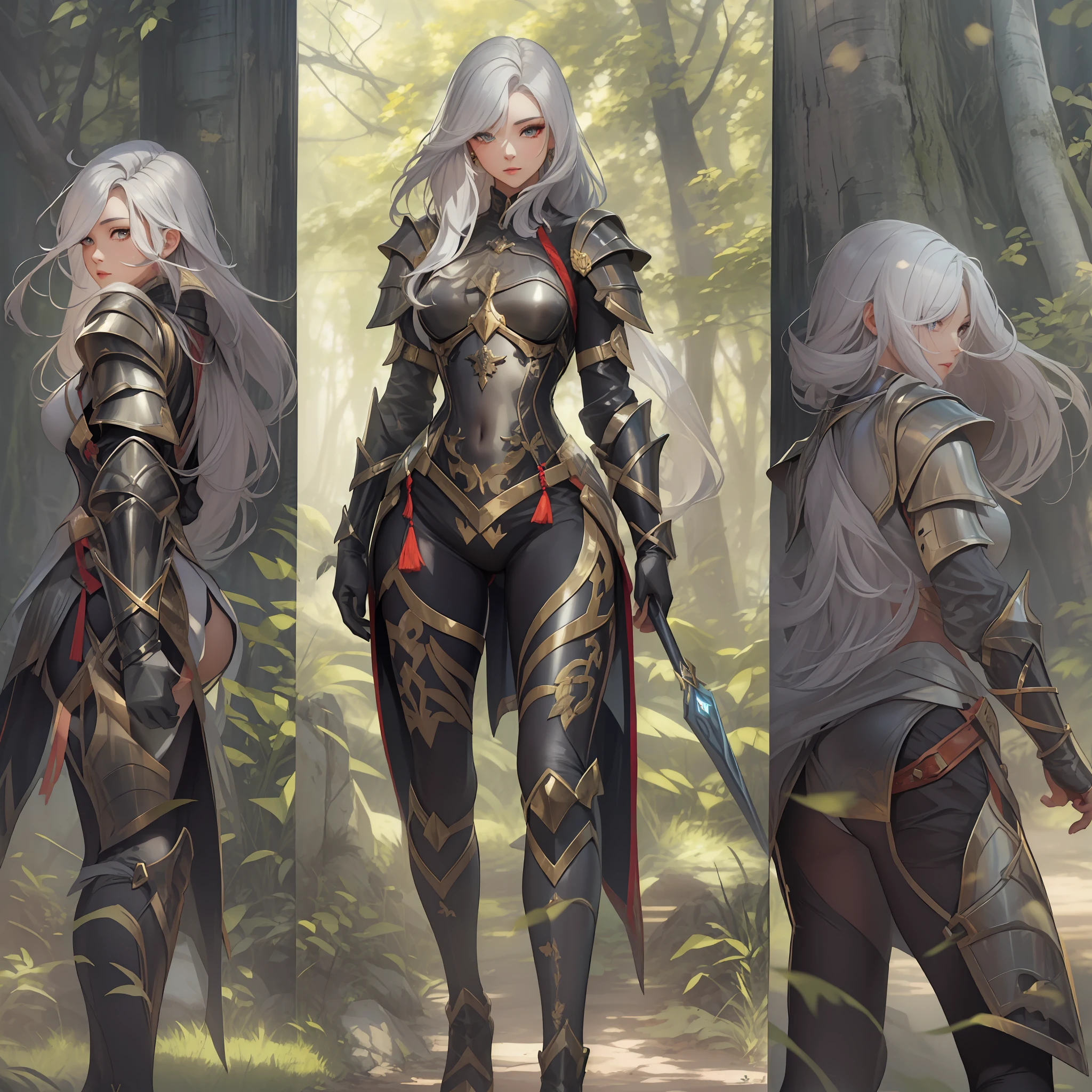 (masterpiece: 1.2), (best quality: 1.2), (highly detailed: 1.3), (intricate detail), highres, best illustration, perfect lighting, forest, warrior monsters, wind breeze, full body, full body shot, perfect face detail, detailed eyes, detailed background, photorealistic, (sharp focus: 1.2), ((looking at camera: 1.2)), solo, 1girl, perfect human anatomy, perfect legs, perfect arms, perfect face, ((realistic hands: 1.3)) long platinum hair, hair braid, women's clothing, sexy armor, little armor, leather skirt, feel alloy, black gloves with gold accents, flashy neckline, seductive appearance, sexy body lines, human hands, attractive female body, (sexy and elegant armor: 1.2), women's boot, hard , woman with closed mouth, green iris, looking at viewer, perfect lighting, epic realism