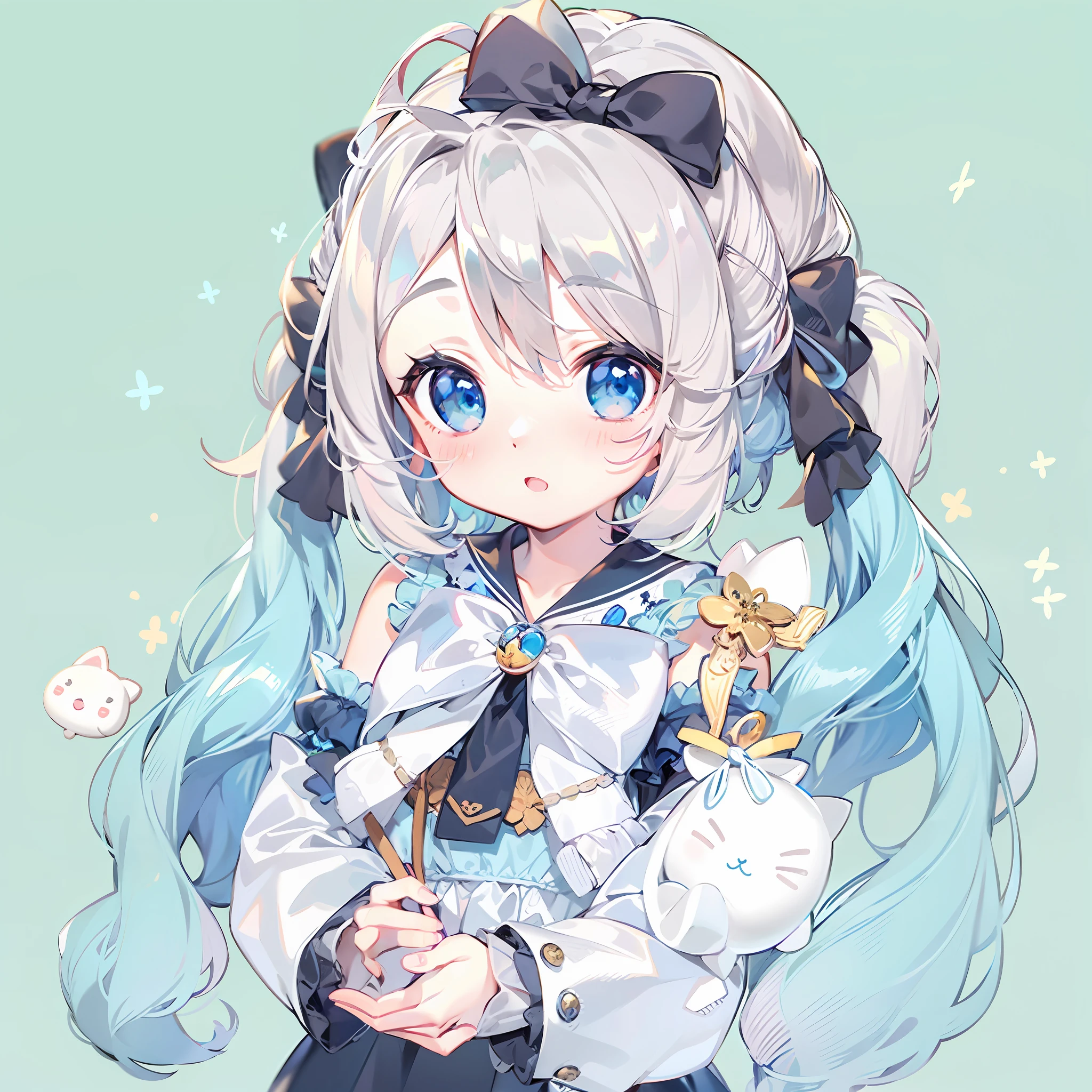 1girll, Solo, Cinnamiku, Blue hair, Blue eyes, Hair rings, Hair Bow, (Blue bow), (cinnamoroll, tied ears, sanrio, 1other, organism:1.2), Black sleeves, Bare shoulders, a blue tie, Wide sleeves, Collared shirt, Detached sleeves, tiese, a blue tie, frilled collar, frilly shirt, Fancy, kawaii, Cowboy shot, microphones,